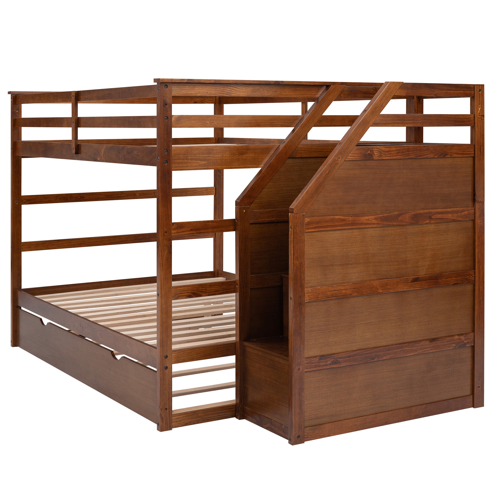 Full-over-Full Bunk Bed with Twin Size Trundle and 3 Storage Stairs,Walnut