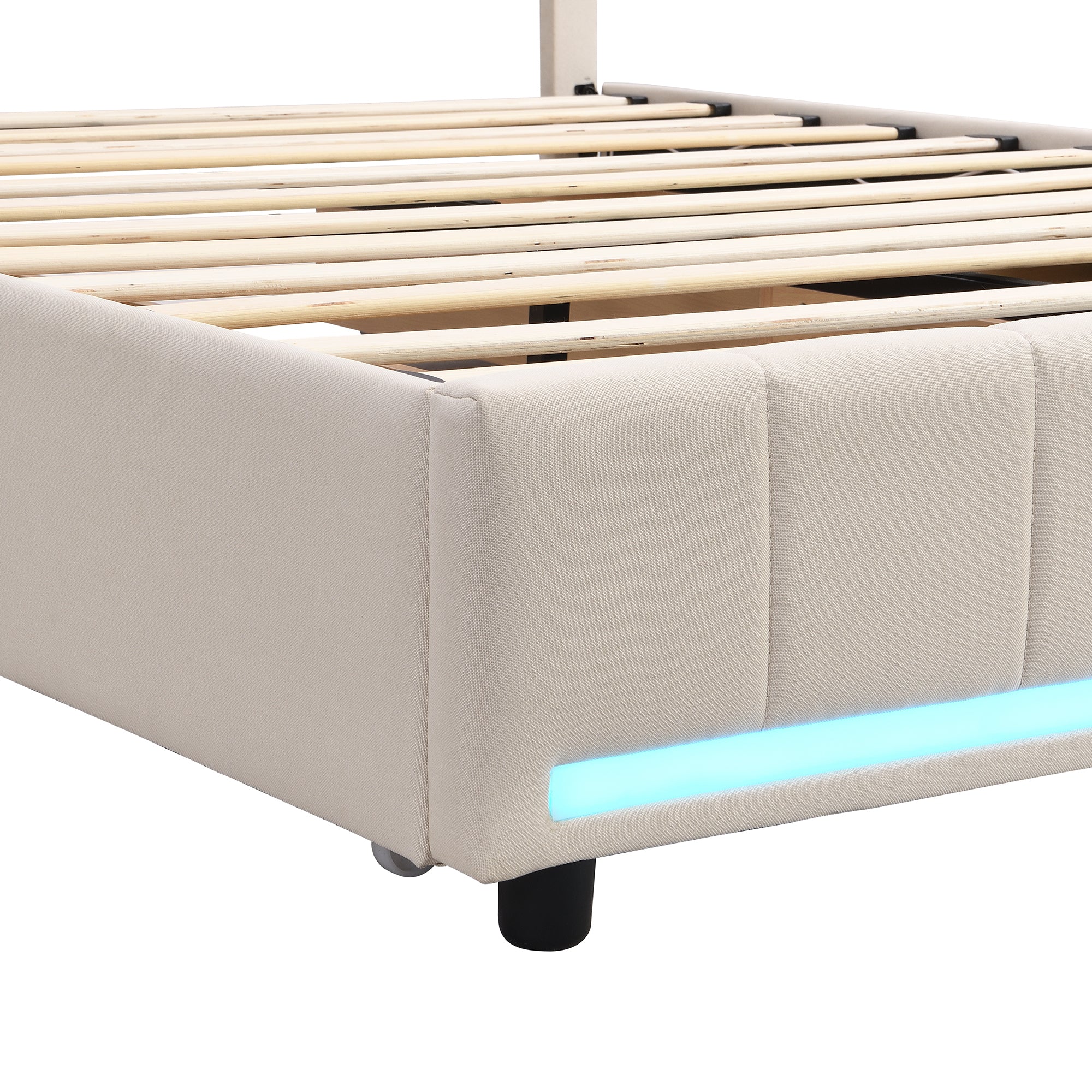 Full Size Upholstered Bed with LED Light and 4 Drawers, Modern Platform Bed with a set of Sockets and USB Ports, Linen Fabric, Beige