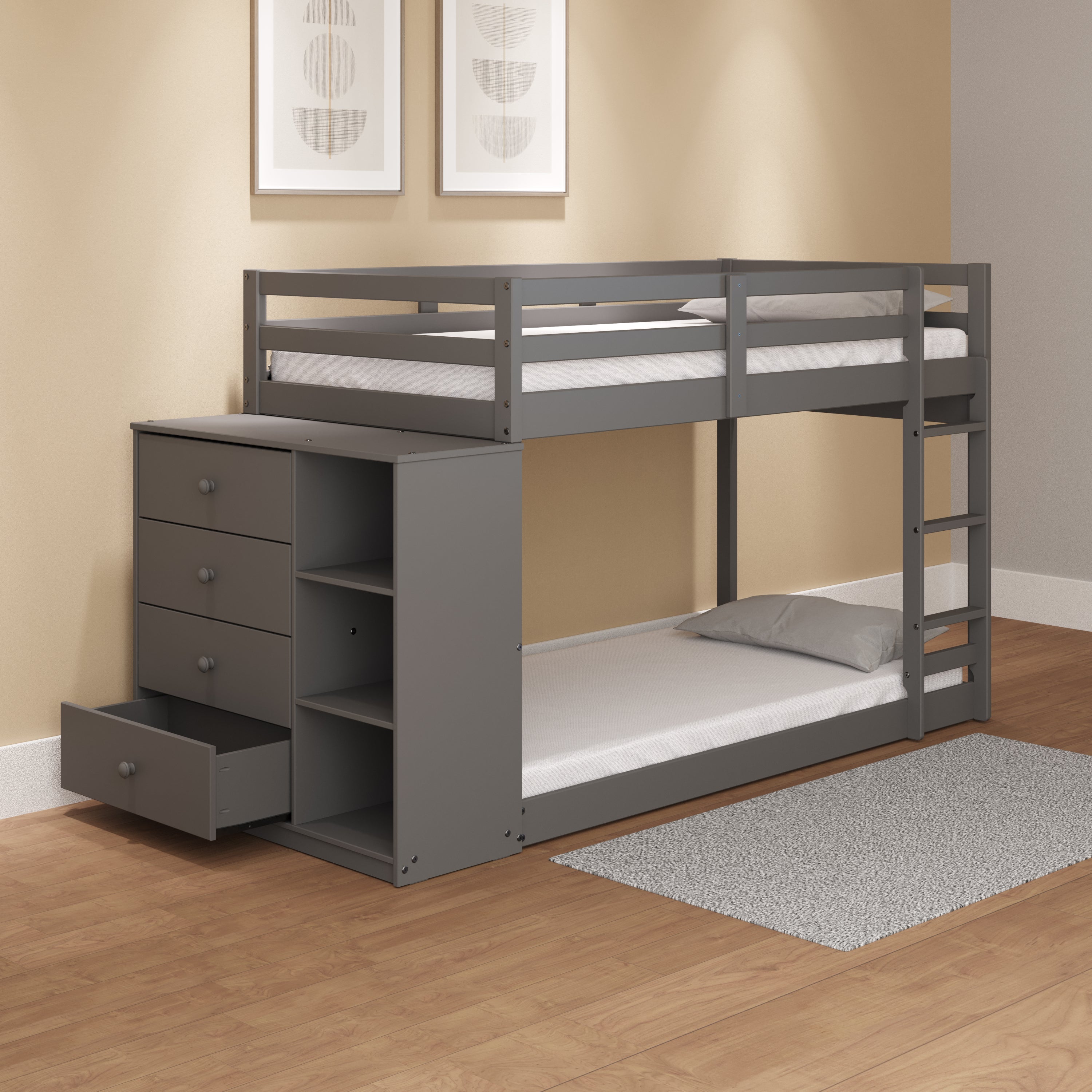 Gaston Twin/Twin Bunk Bed w/Cabinet, Gray Finish BD01372