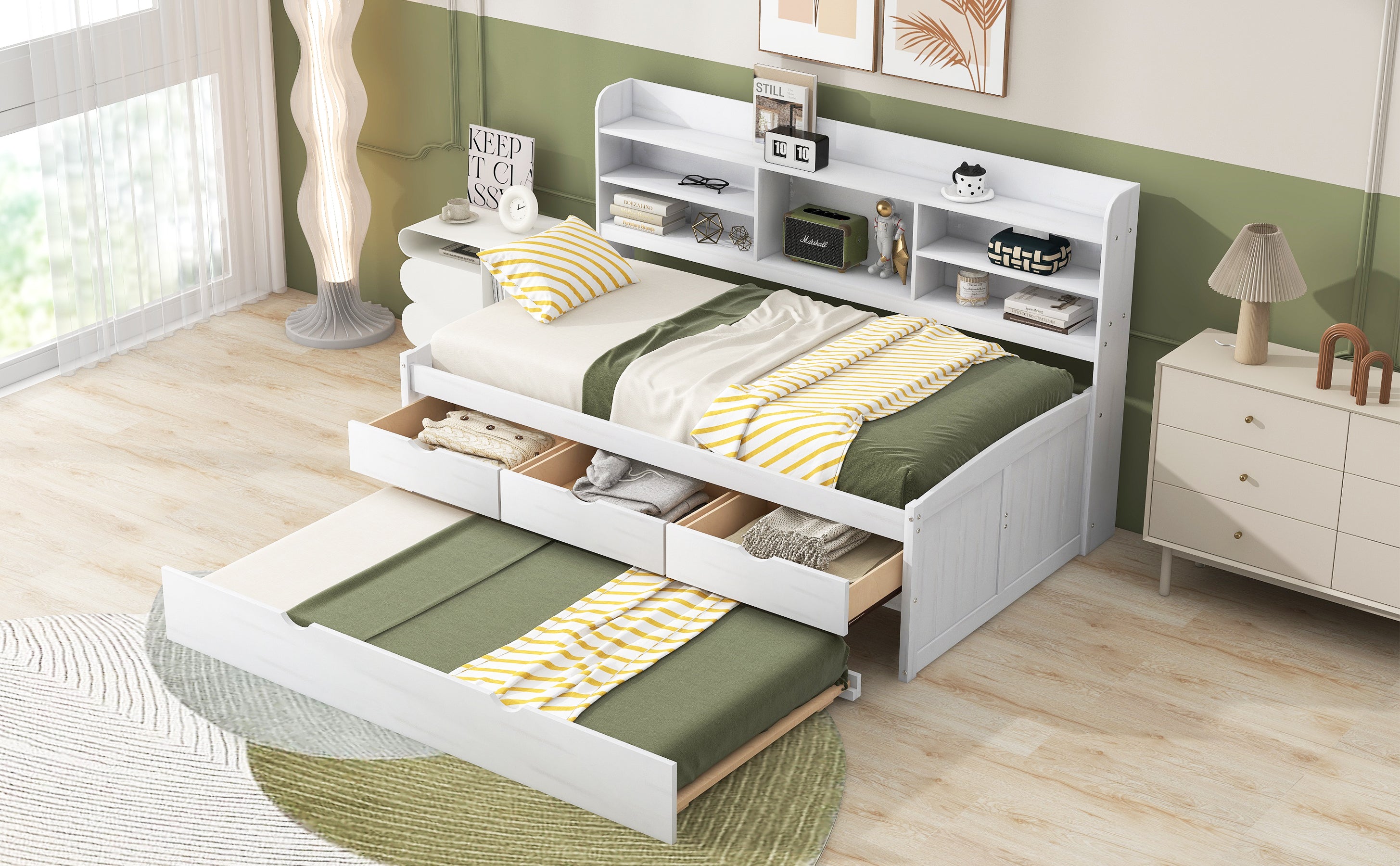 Twin Size Wooden Captain Bed with Built-in Bookshelves,Three Storage Drawers and Trundle, White Wash(Expected Arrivial Time: 11.17)