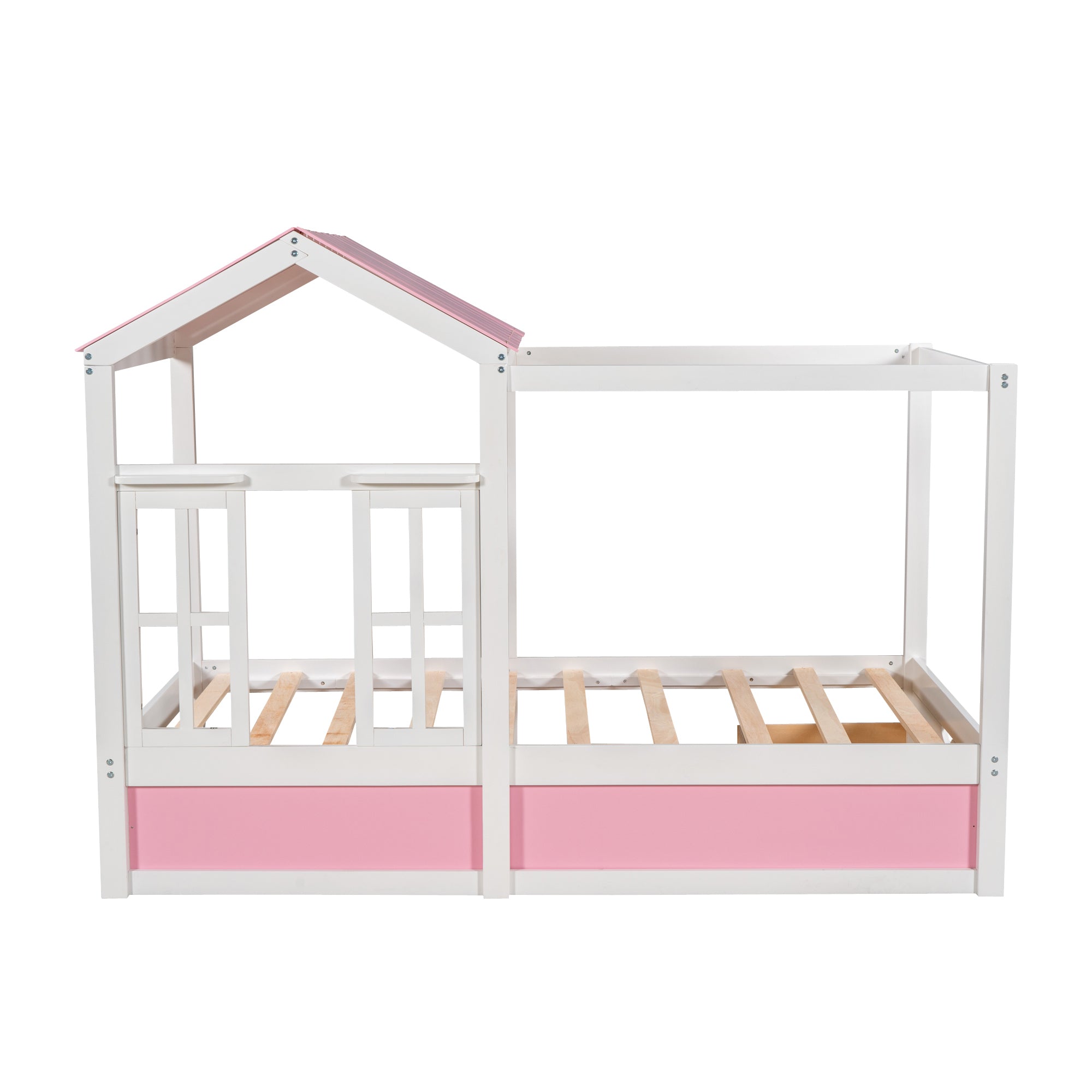 Twin Size House Bed with Roof, Window and Drawer - Pink + White