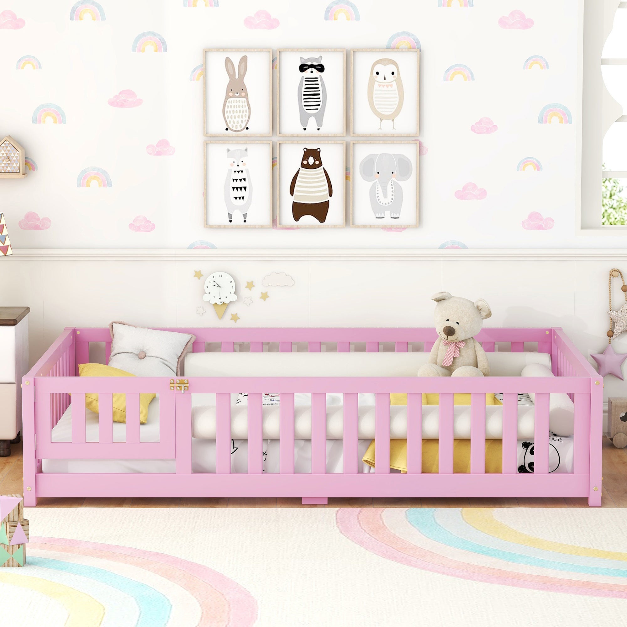 Full Size Bed Floor Bed with Safety Guardrails and Door for Kids, Pink (Expect Arrival Date Nov.2nd)
