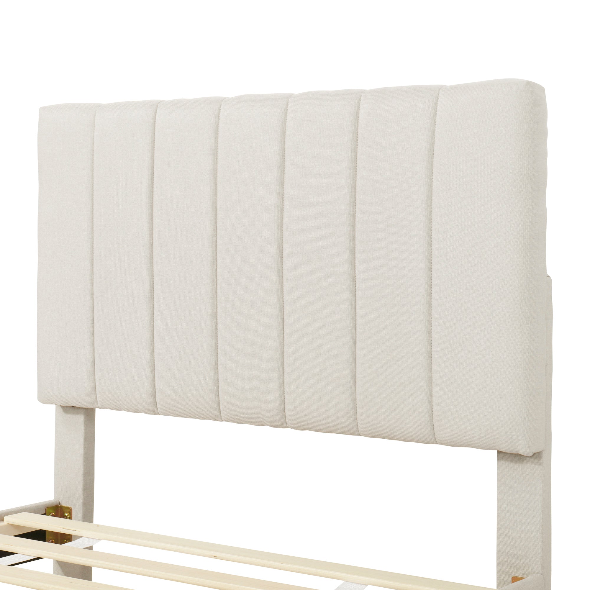 Twin Size Upholstered Platform Bed with Trundle and 3 Drawers, Linen Fabric, Beige