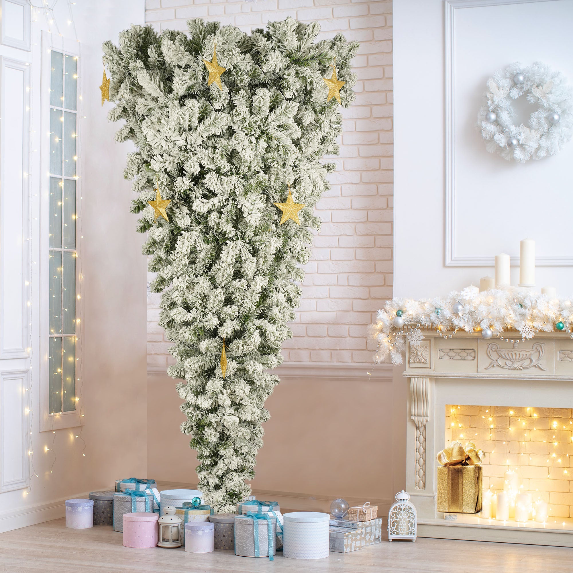 GO 6 FT Upside Down Christmas Tree with White Flocking, 360 LED Warm Lights X-mas and 8 Golden Star Decorations