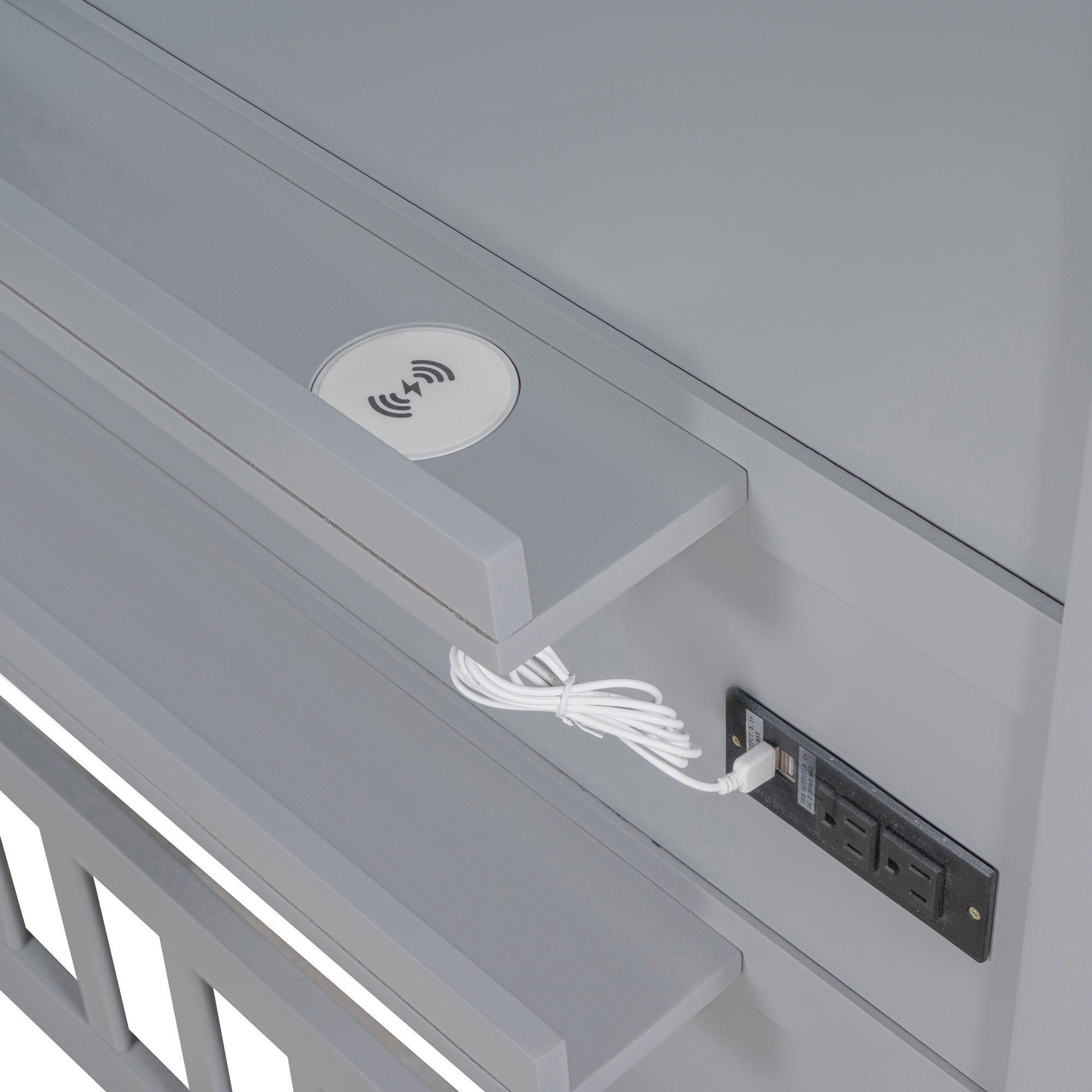 Twin Size House Bed with Upholstered Sofa, House Bed with Charging Station, Wireless Charging, Shelves and Two Drawers, Gray