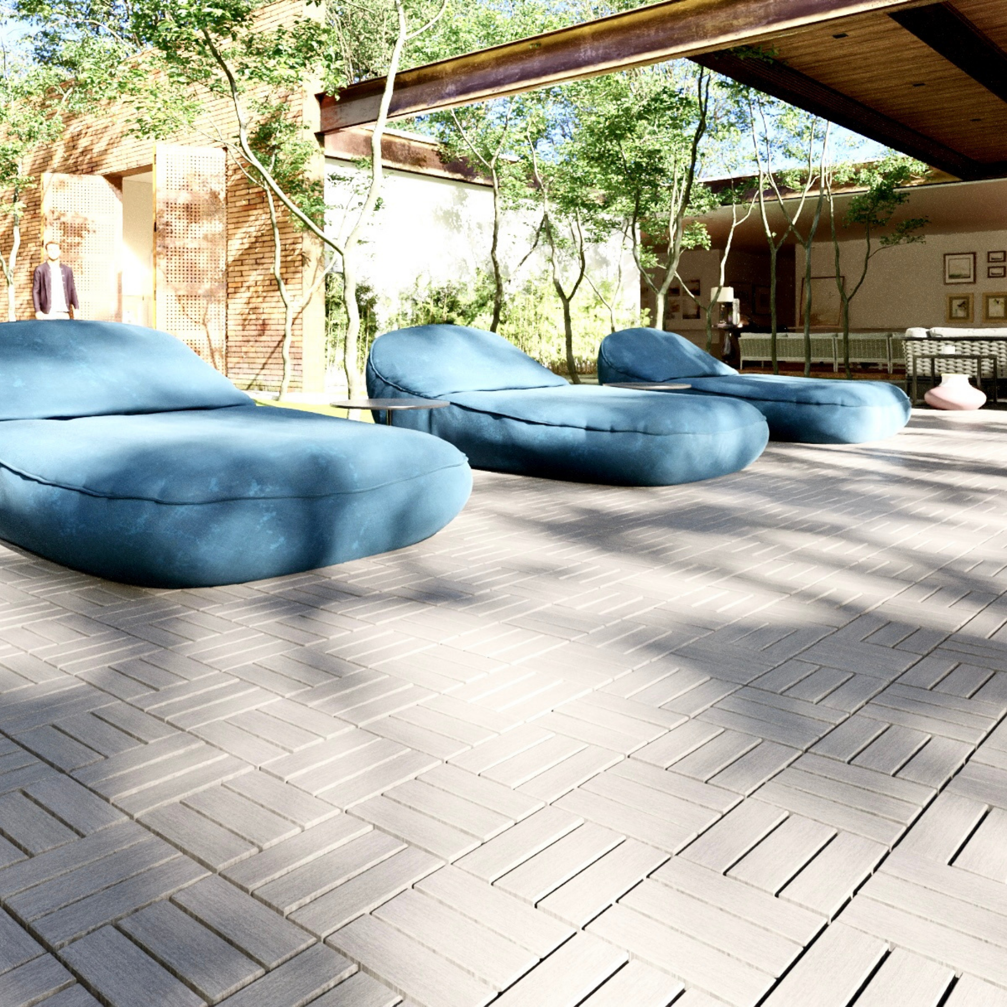 30 PCS Interlocking Deck Tiles Checker Pattern, 12" x 12" Square Light Gray Acacia Hardwood Outdoor Flooring for Patio, Bancony, Pool Side,...