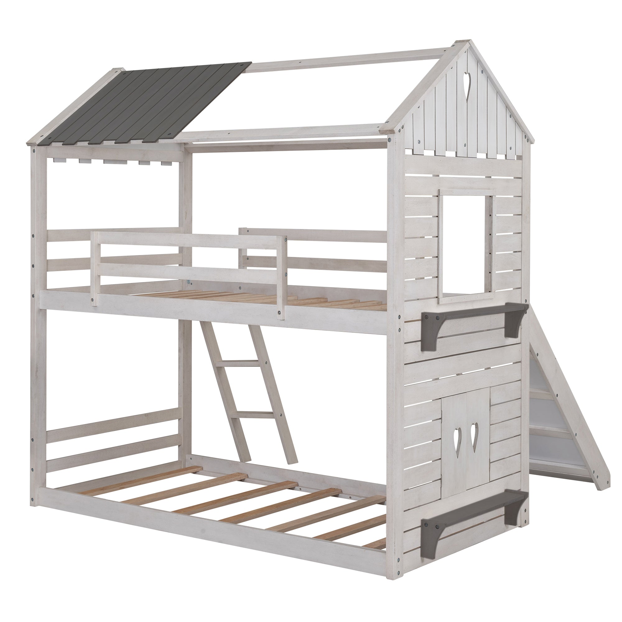 Twin Over Twin Bunk Bed Wood Bed with Roof, Window, Slide, Ladder ,Antique White(OLD SKU:LP000059AAK)