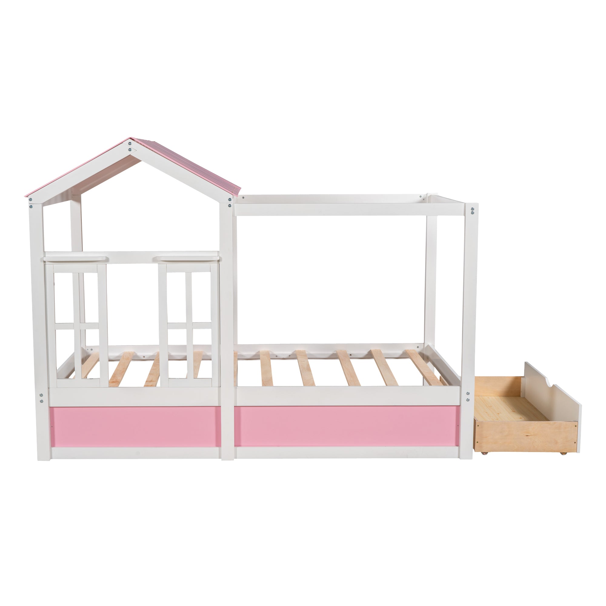 Twin Size House Bed with Roof, Window and Drawer - Pink + White