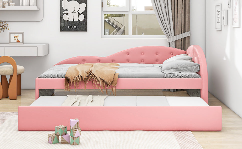 Twin Size PU Upholstered Tufted Daybed with Trundle and Cloud Shaped Guardrail, Pink