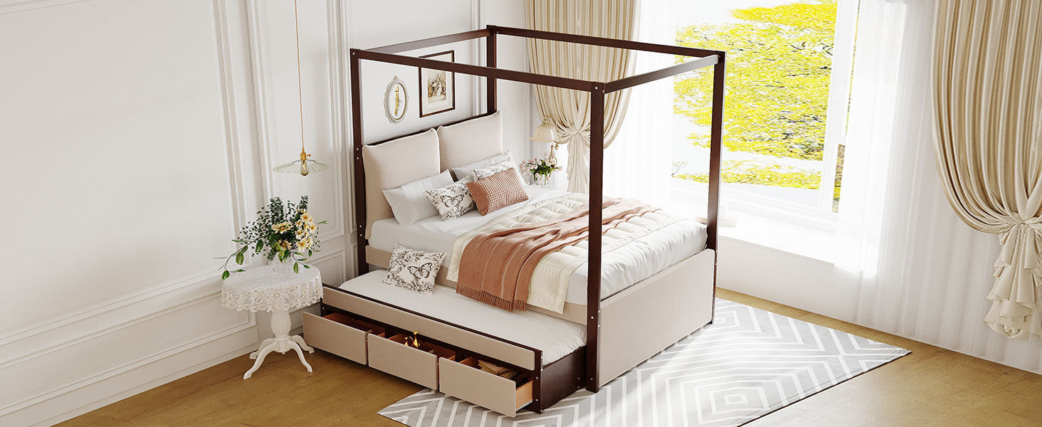 Full Size Upholstered Canopy Bed with Trundle and 3 Drawers, Beige