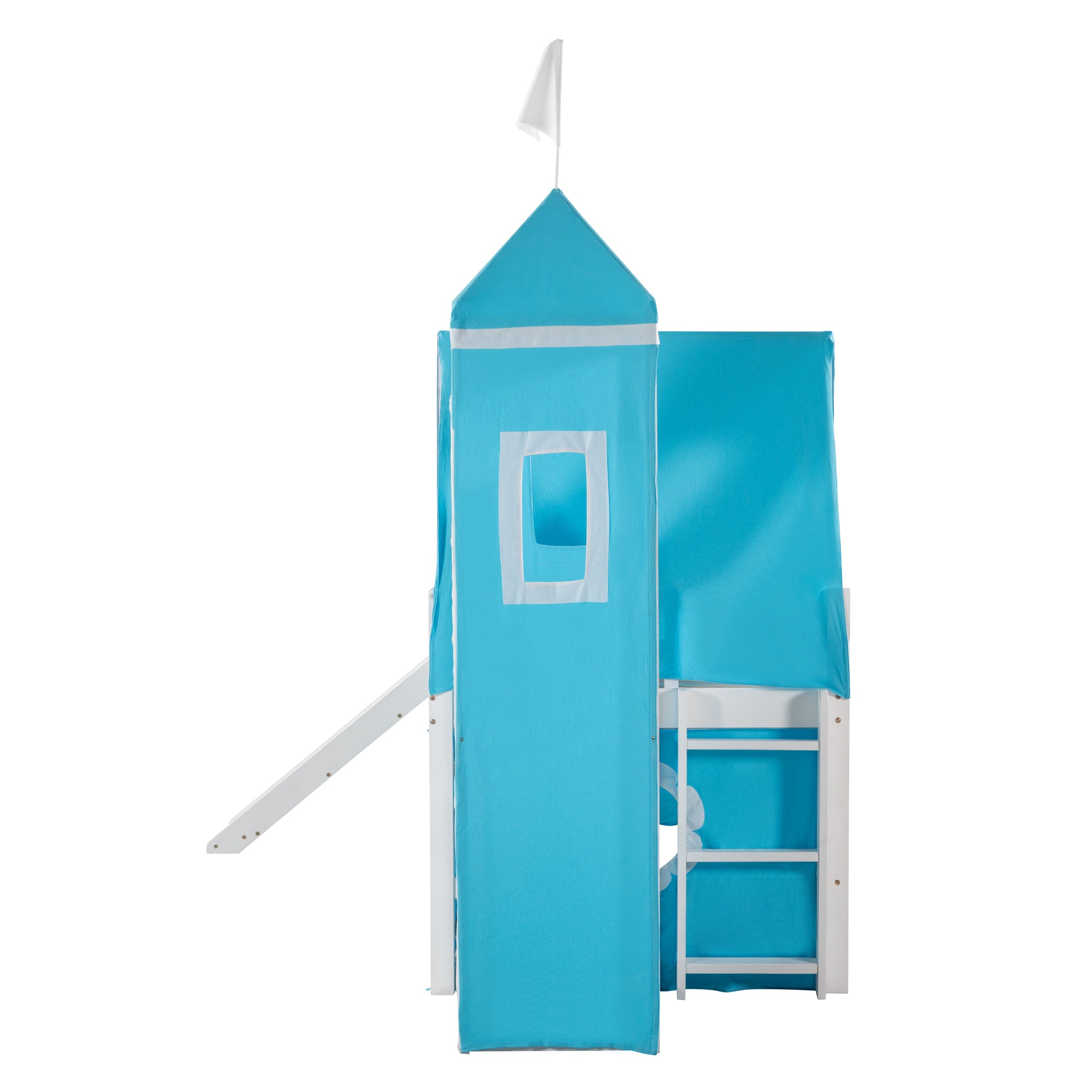 Twin Size Bunk Bed with Slide Blue Tent and Tower - Blue