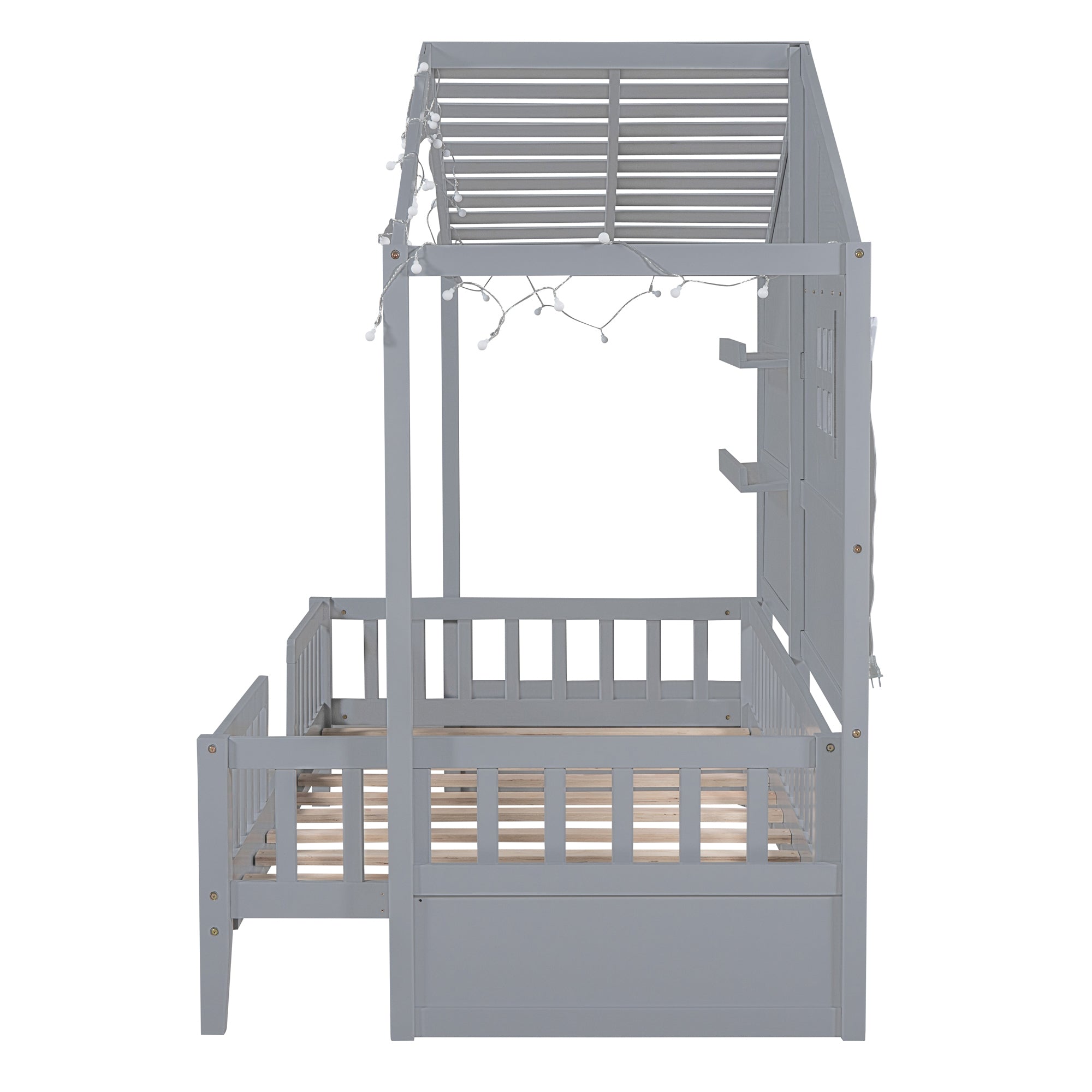 Twin Size House Bed with Shelves, House Bed with Window and Sparkling Light Strip on the Roof, Gray