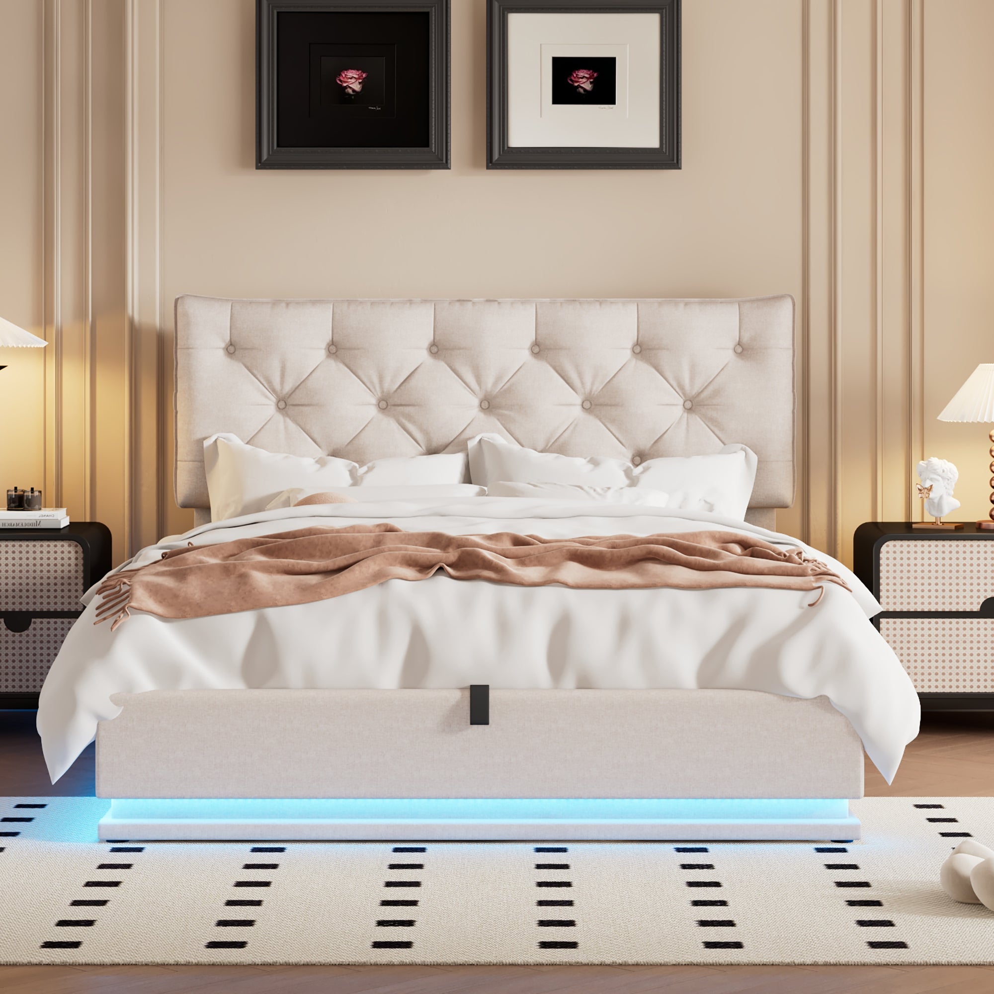 Queen Size Upholstered Bed with Hydraulic Storage System and LED Light, Modern Platform Bed with Button-tufted Design Headboard, Beige