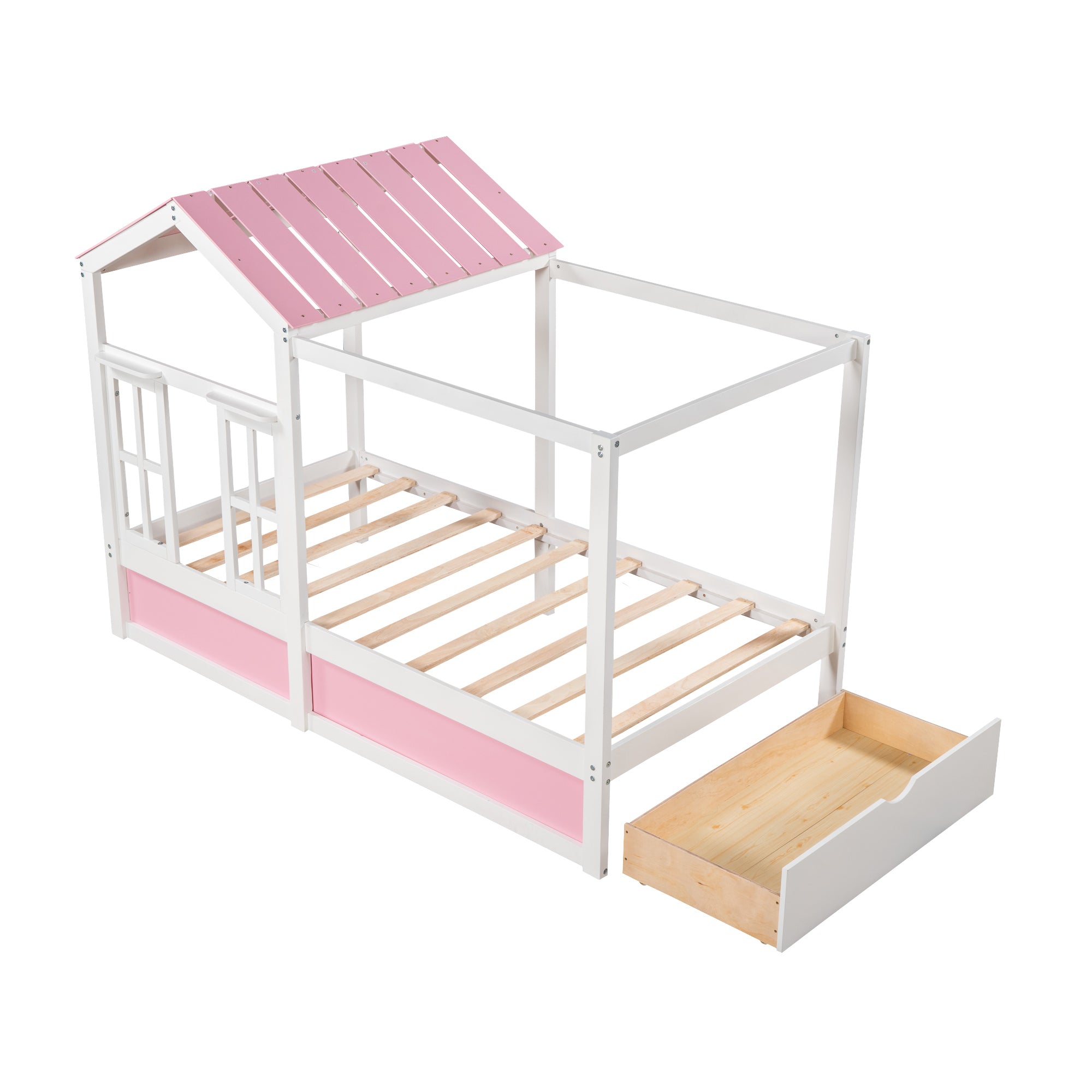 Twin Size House Bed with Roof, Window and Drawer - Pink + White