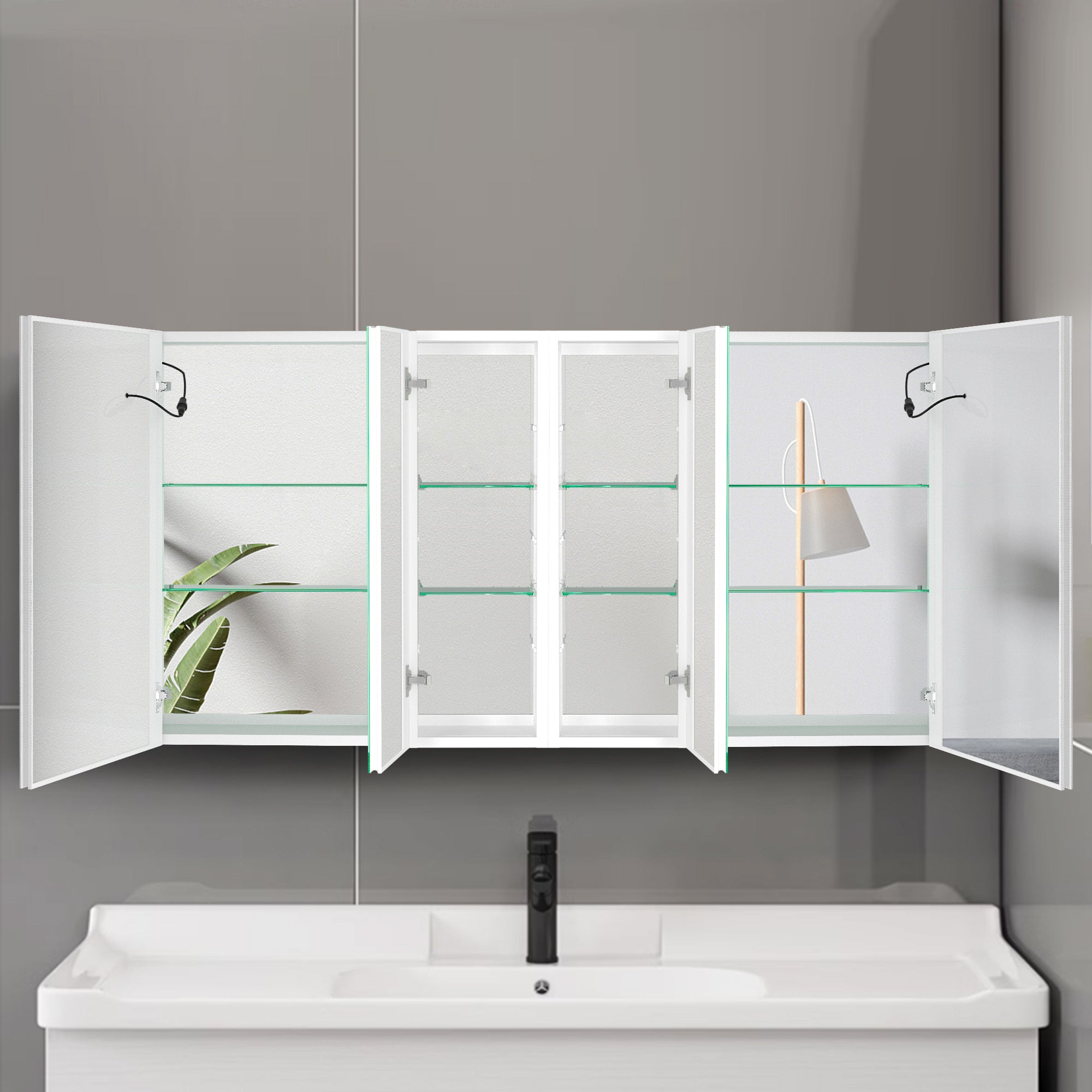 60x30 Inch LED Bathroom Medicine Cabinet Surface Mount Double Door Lighted Medicine Cabinet, Medicine Cabinets for Bathroom with Mirror Defogging, Dimmer White
