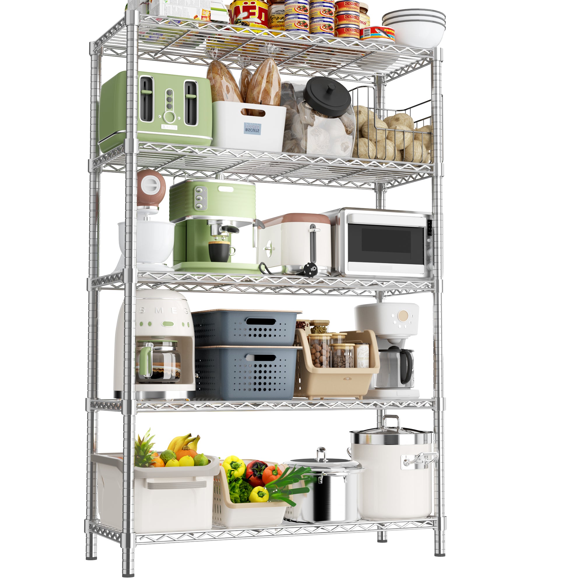 Solivira 5-tier height-adjustable garage wire mesh storage racks suitable for kitchens