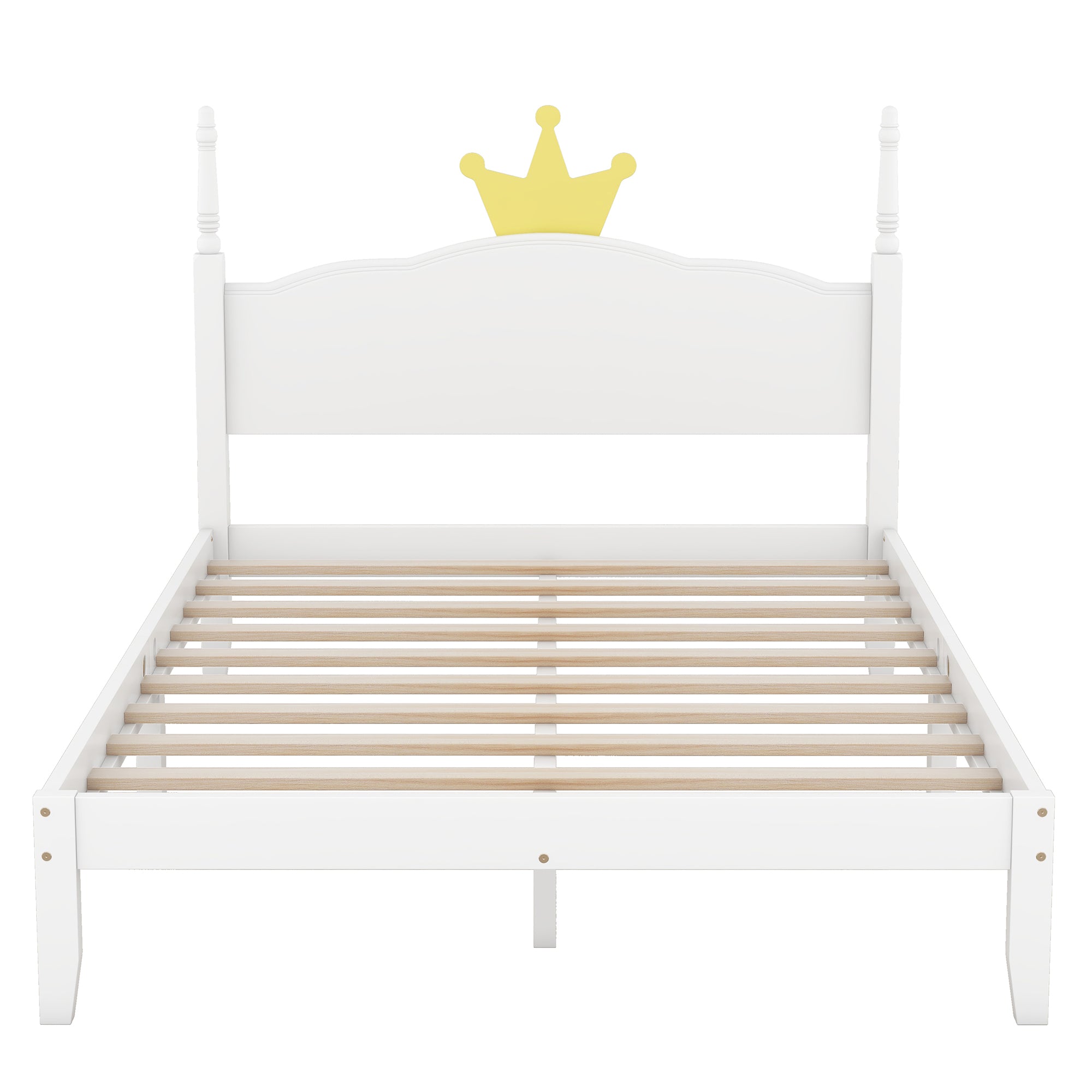 Full Size Wood Platform Bed with Crown Shaped Headboard, White