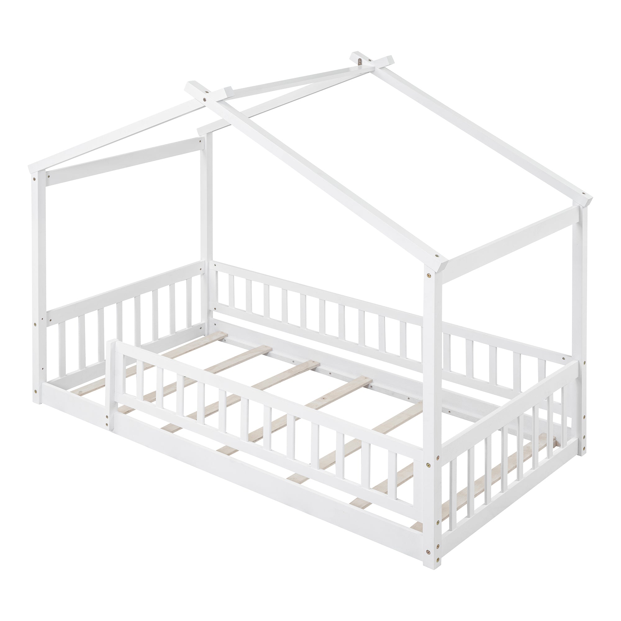 Twin Size Wood Bed House Bed Frame with Fence, for Kids, Teens, Girls, Boys,White