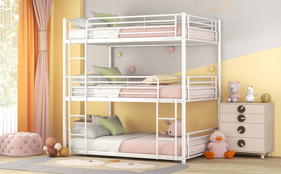 Full-Full-Full Metal Triple Bed with Built-in Ladder, Divided into Three Separate Beds,White(OLD SKU:LP000297AAK)