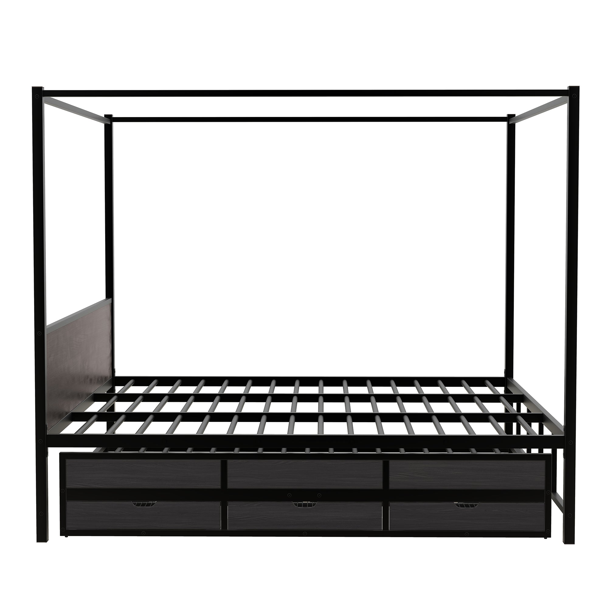 Queen Size Metal Canopy Platform Bed with Twin Size Trundle and 3 Storage Drawers, Black