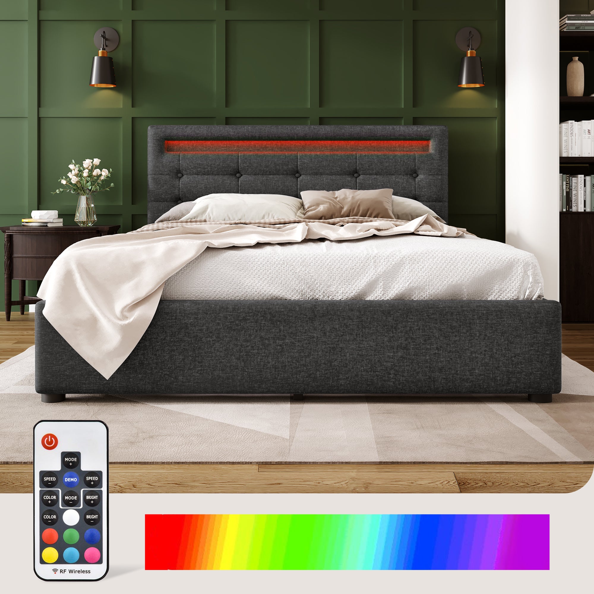 Bed Frame Full Size, Upholstered Platform Bed Frame with 4 Storage Drawers and LED Lights & Adjustable Headboard,No Box Spring Needed,Grey
