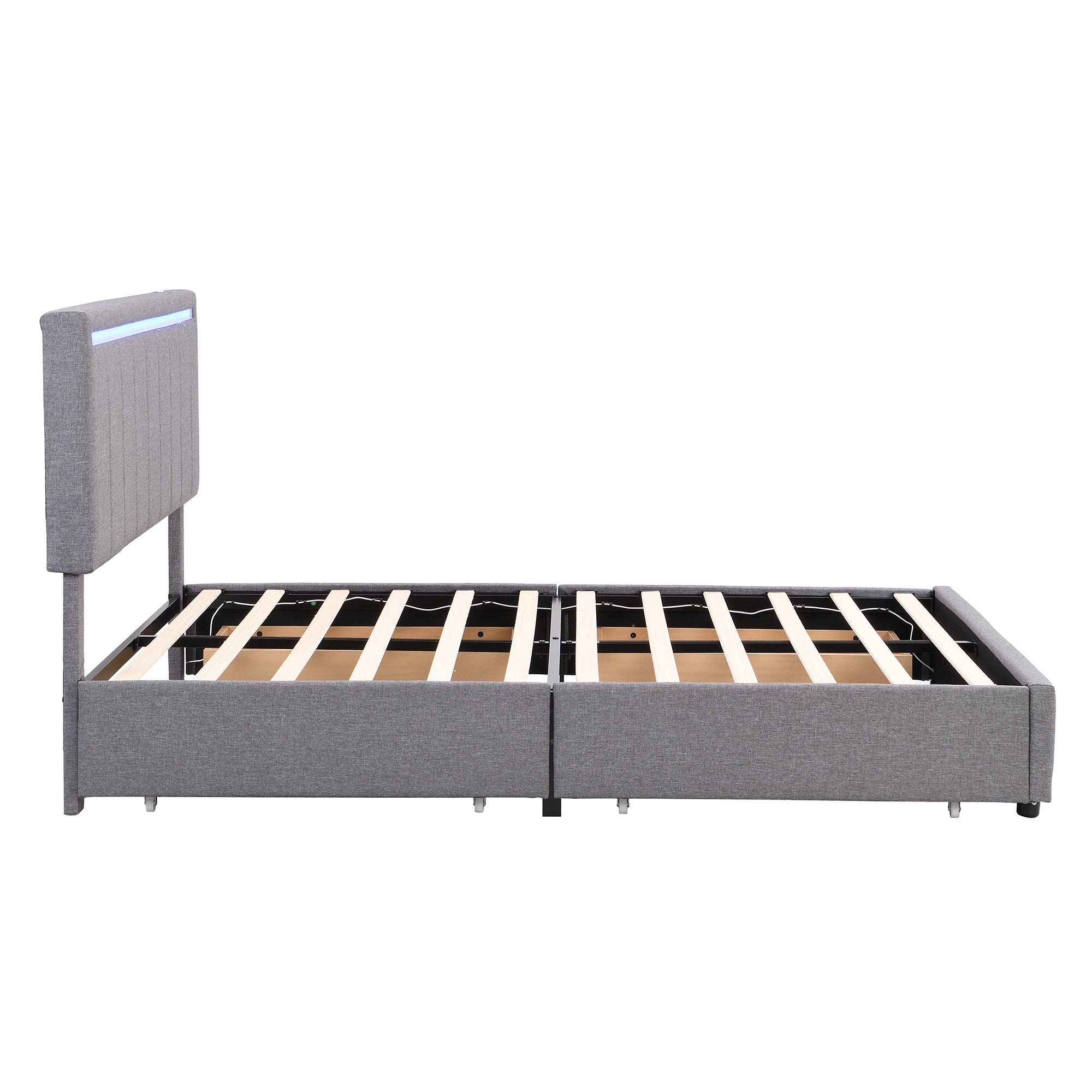 Queen Size Upholstered Bed with LED Light and 4 Drawers, Modern Platform Bed with a set of Sockets and USB Ports, Linen Fabric, Beige