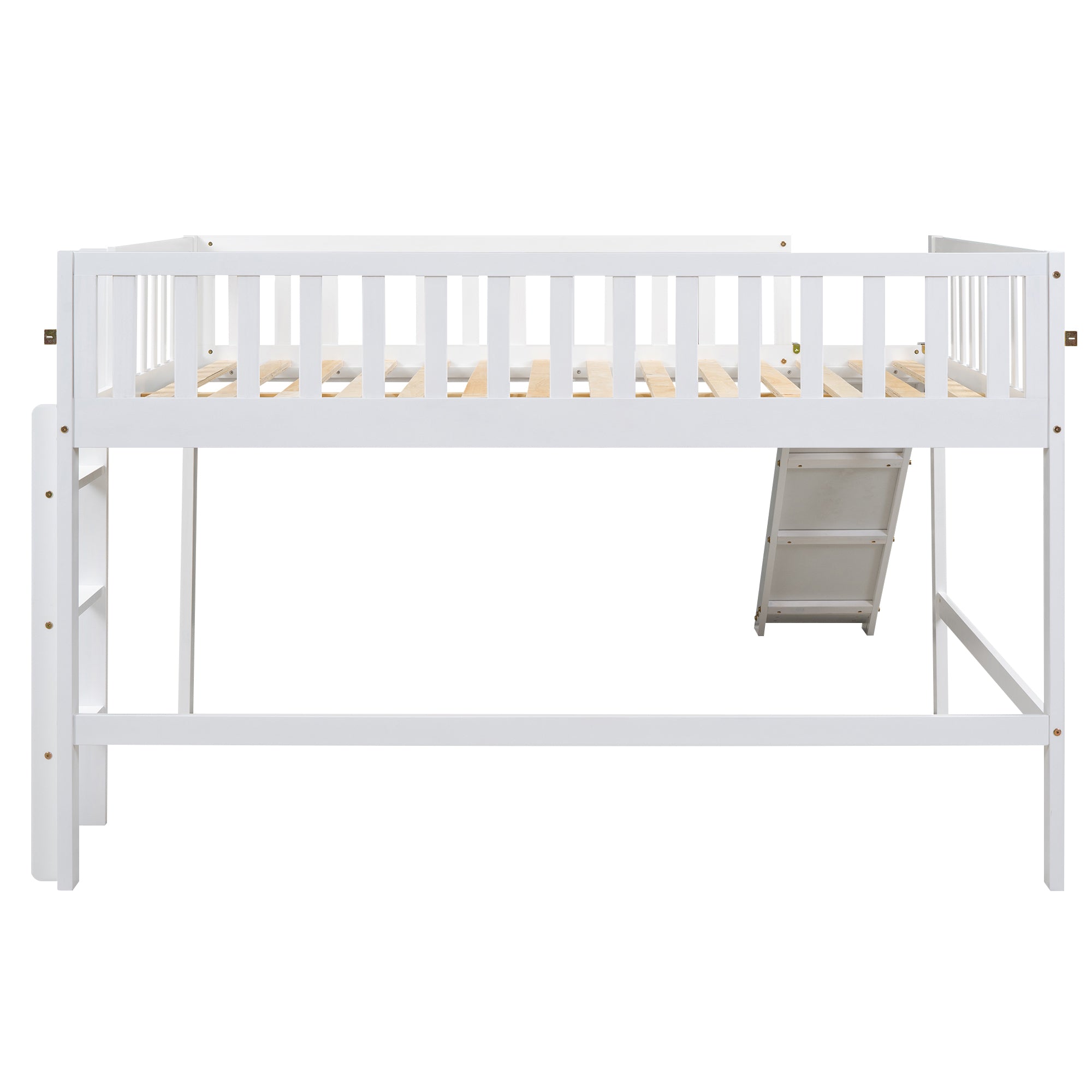 Full Size Low Loft Bed with Ladder and Slide,White