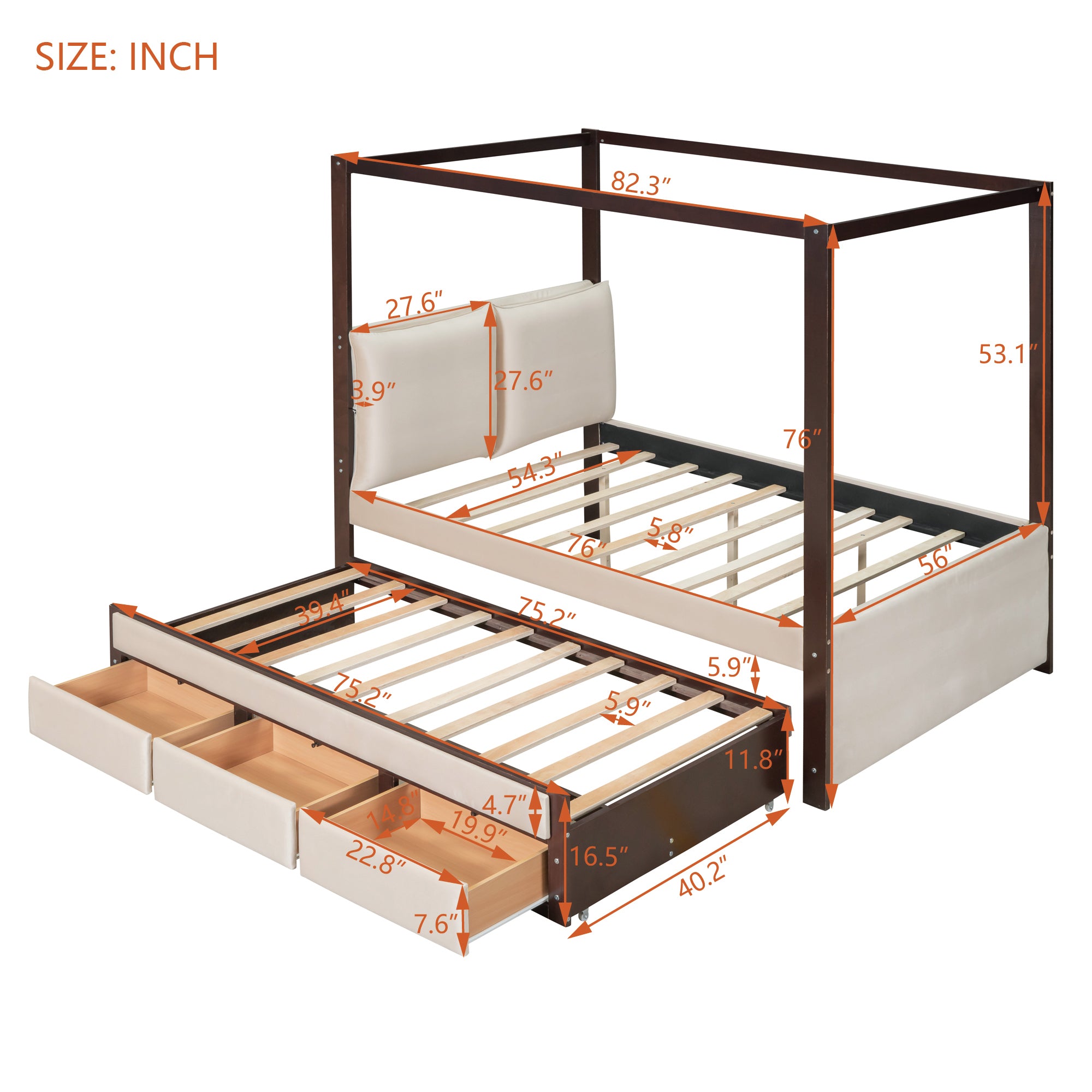 Full Size Upholstered Canopy Bed with Trundle and 3 Drawers, Beige
