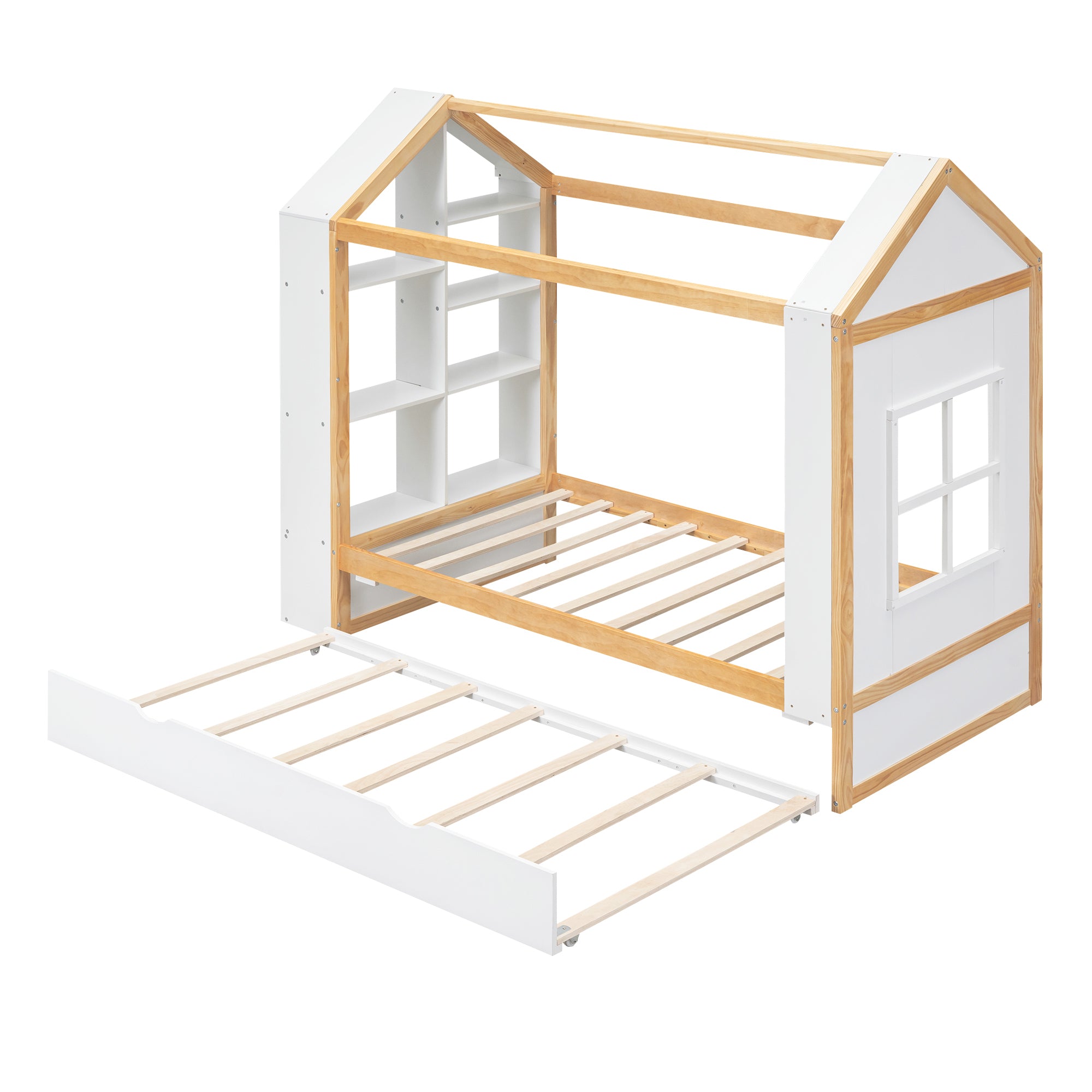 Twin Size House Platform Bed with Storage Shelves and Twin Size Trundle, White