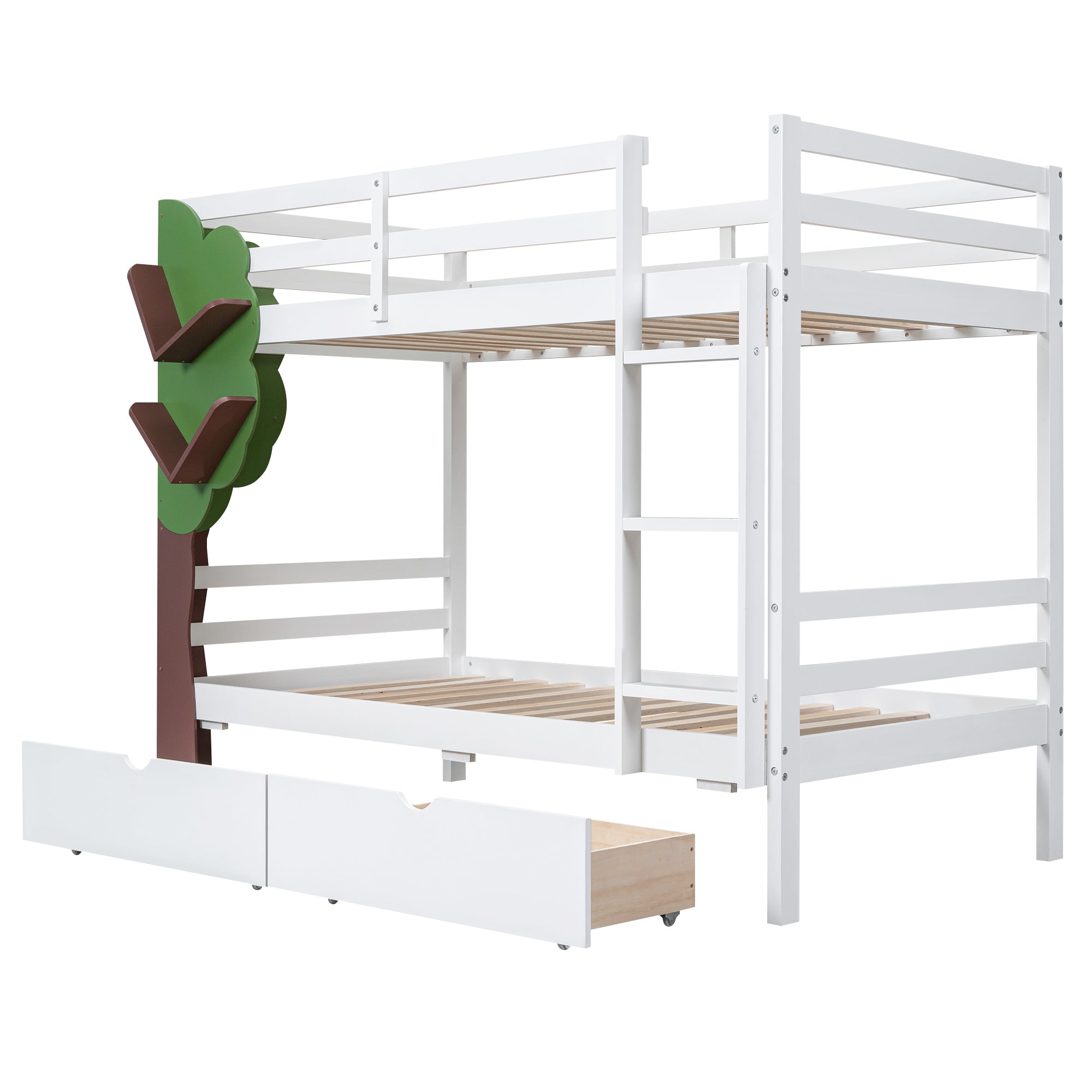 Twin-Over-Twin Bunk Bed with a Tree Decor and Two Storage Drawers, White