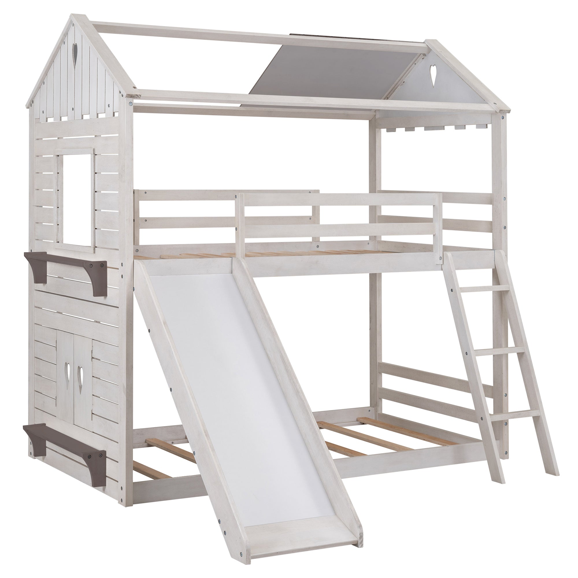 Twin Over Twin Bunk Bed Wood Bed with Roof, Window, Slide, Ladder ,Antique White(OLD SKU:LP000059AAK)