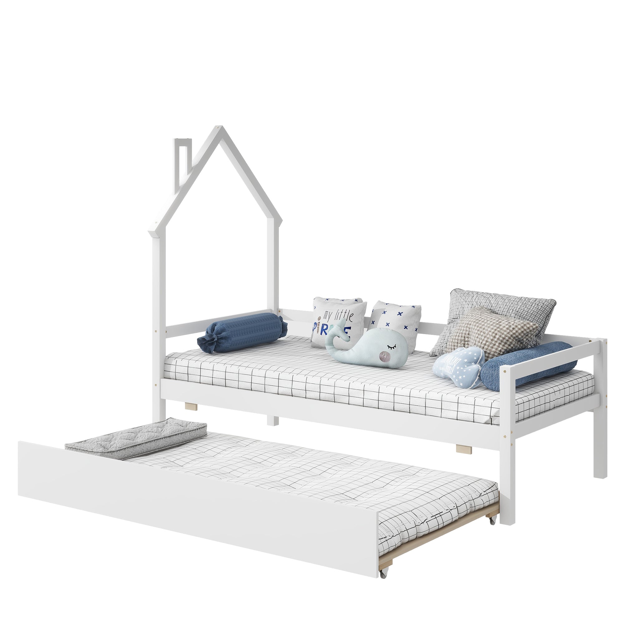 Twin Wooden Daybed with trundle, Twin House-Shaped Headboard bed with Guardrails,White