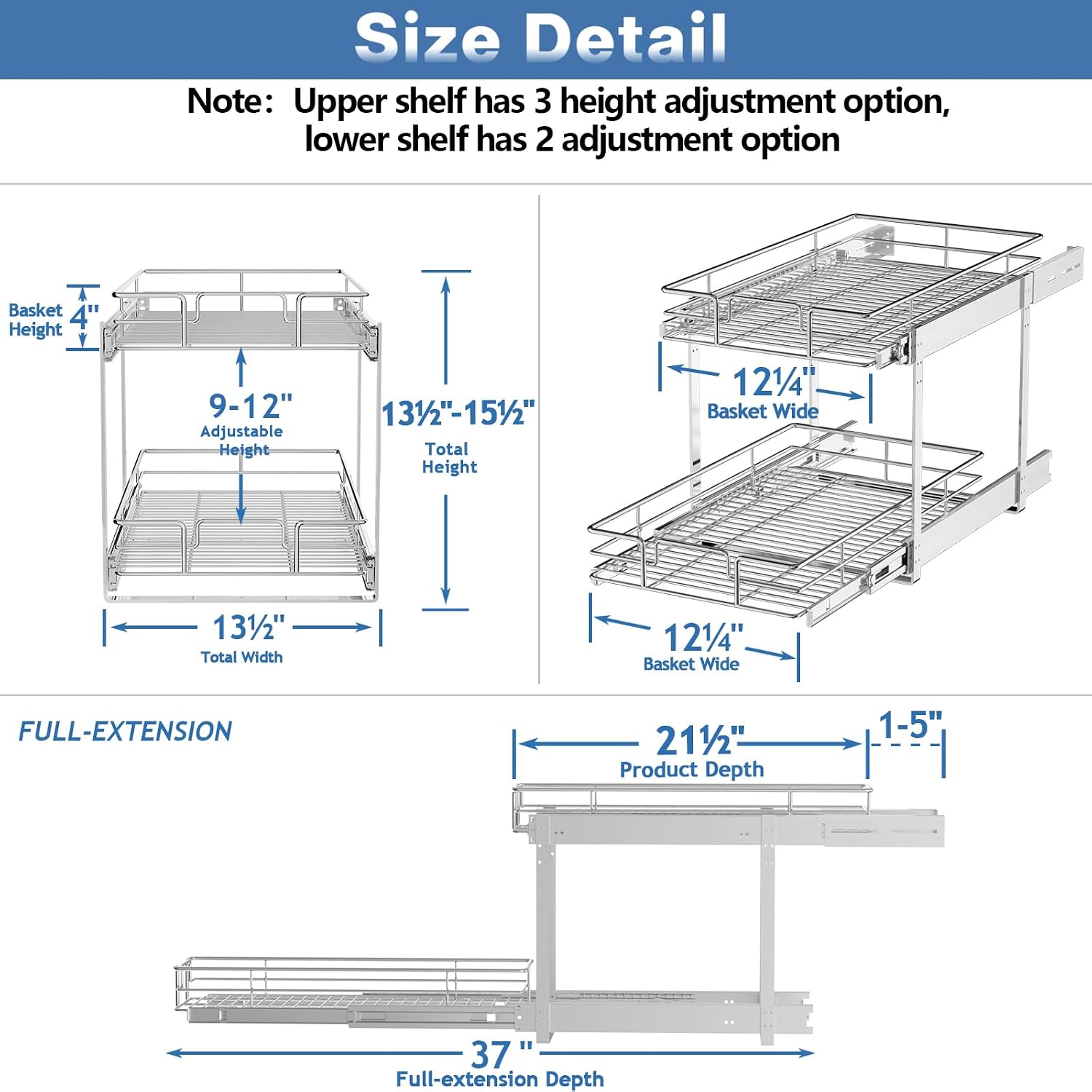 2 Tier Individual Pull Out Cabinet Organizer 13½" W x 21½" D, Heavy Duty Cabinet Pull Out Shelves