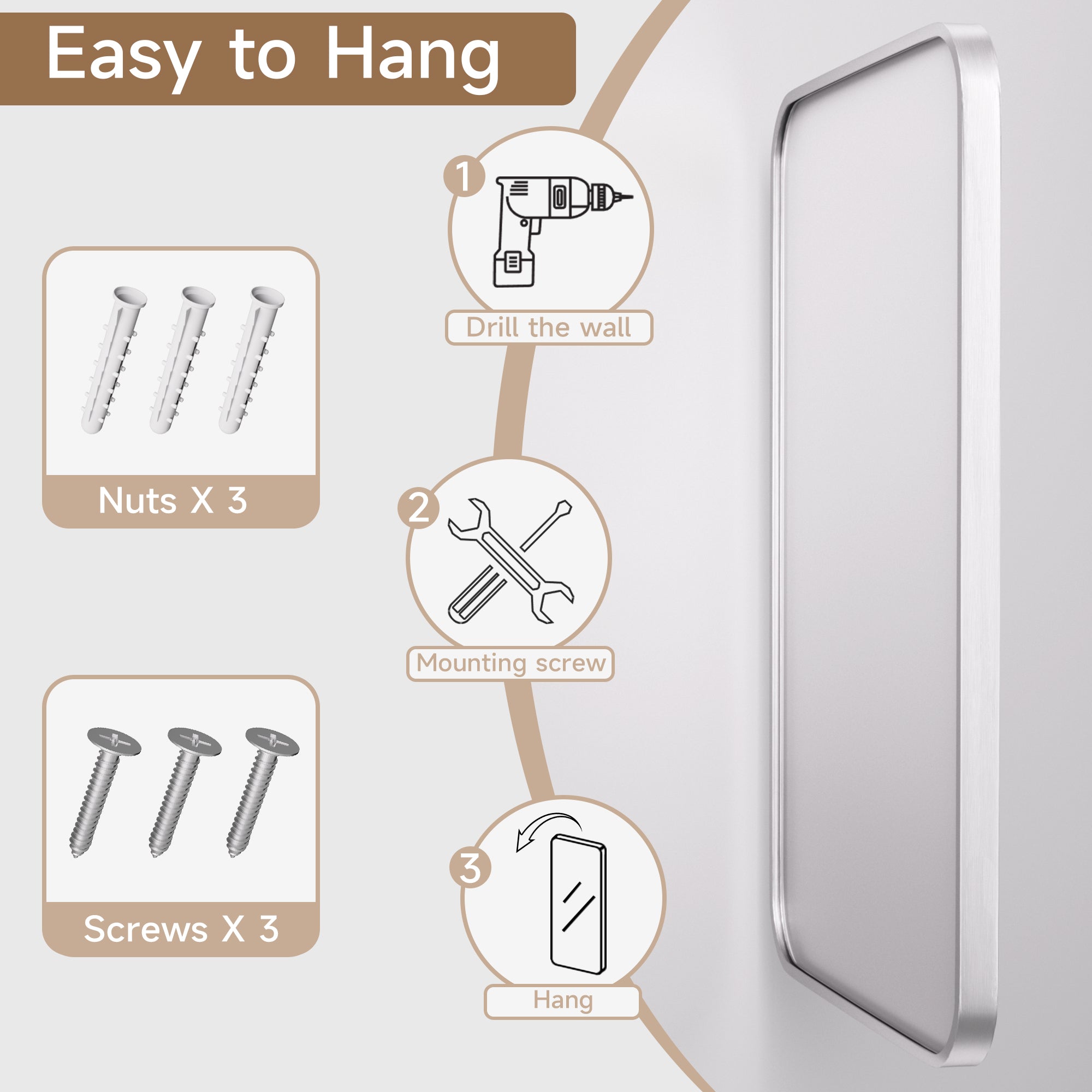 24 in. W x 36 in. H Tempered Glass Rectangular Framed Wall-Mounted Bathroom Vanity Mirror in Silver