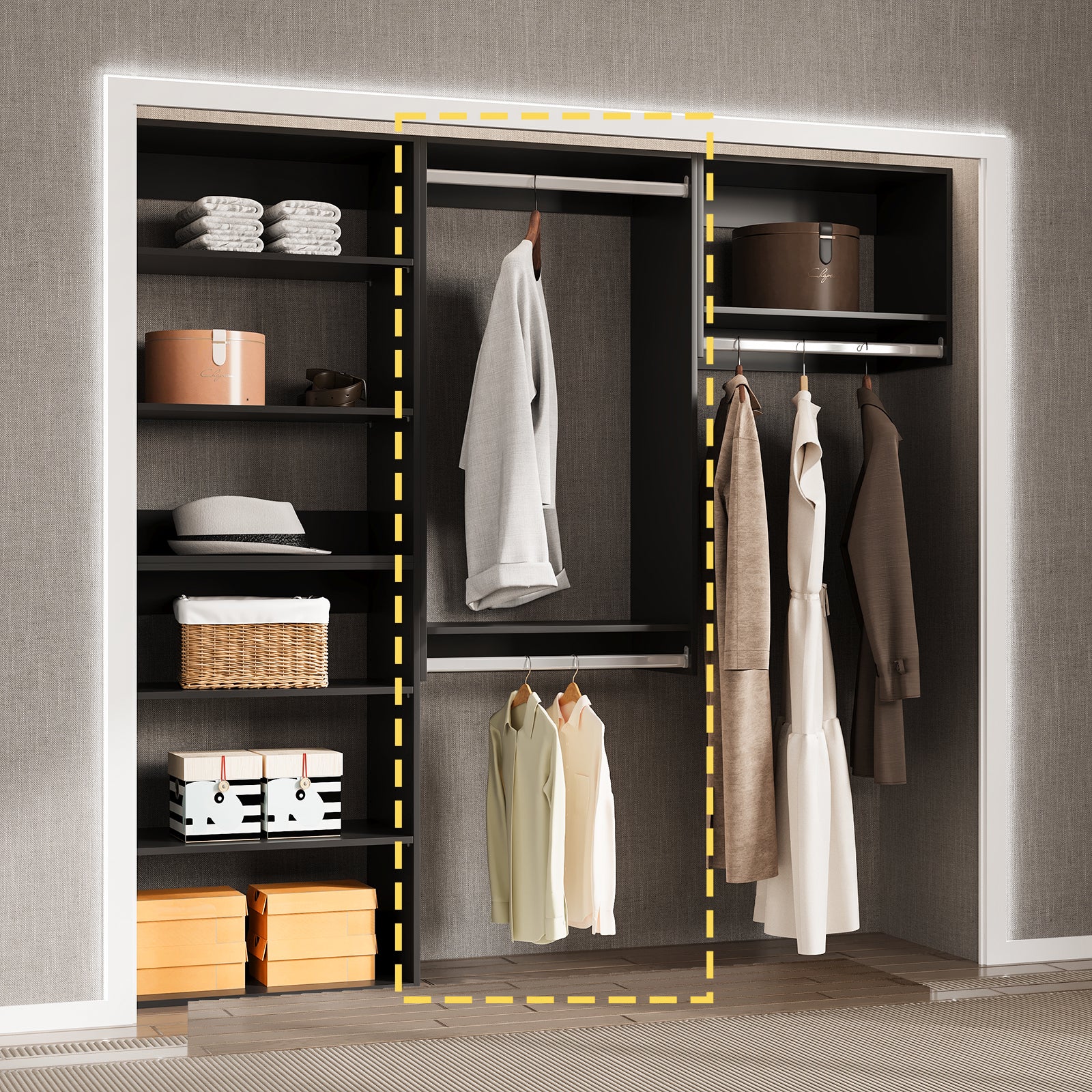 19.5 in. Black Walk-in Modular Double Hanging Tower Unit with 1-Shelf, Wall Mount Wood Closet System