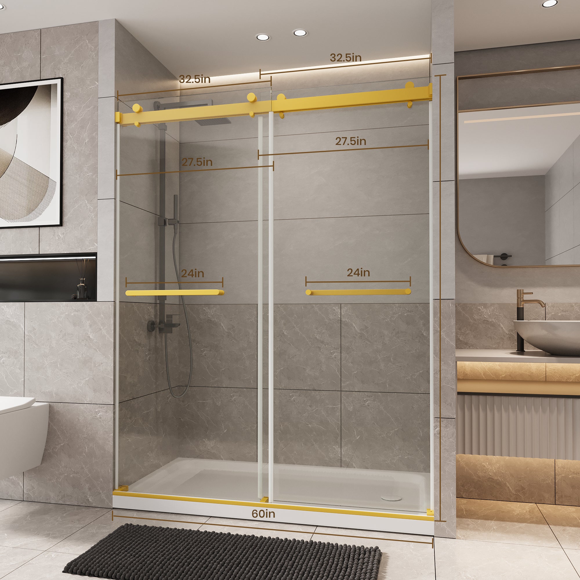 56 to 60'' W x 76'' H Frameless Shower Door, Double Sliding Shower Door with Premium 1/4" (6mm) Thick Tempered Glass, Stainless Steel, Matte Black 30340058BF-Black-hsq