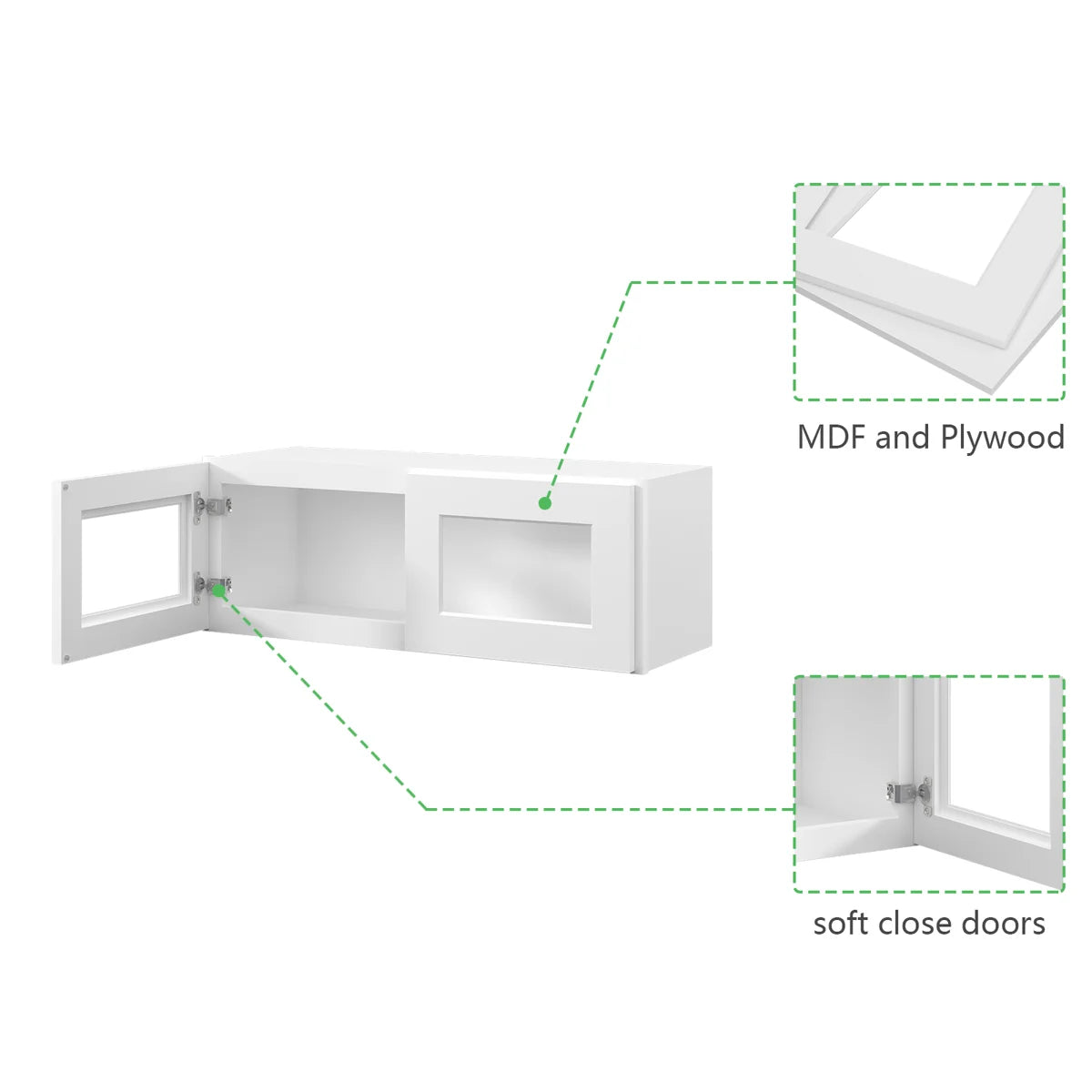 33"W * 12"H * 12"D Shaker White Glass Wall Kitchen Cabinet with Adjustable Shelves