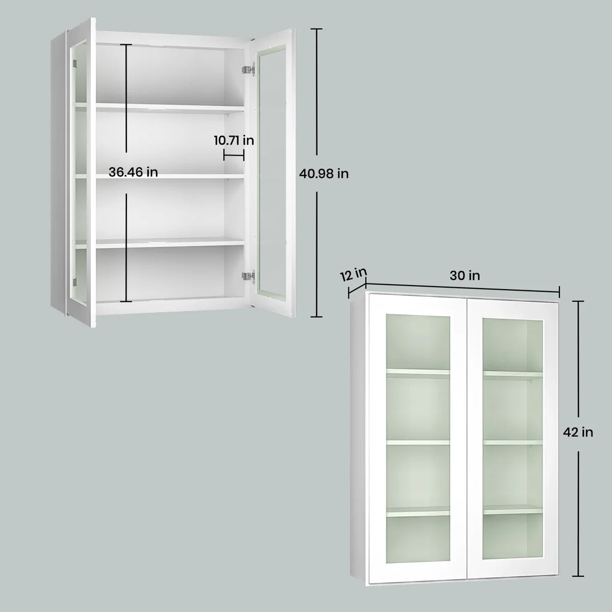 30"W * 42"H * 12"D Shaker White Glass Wall Kitchen Cabinet with Adjustable Shelves