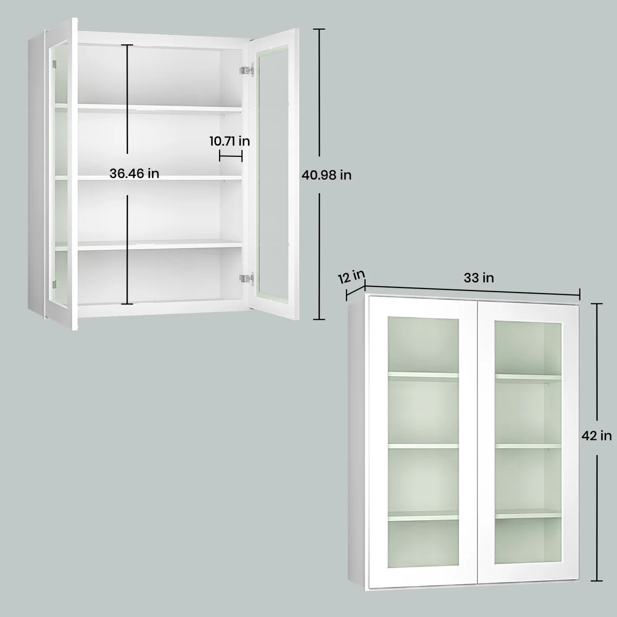 33"W * 42"H * 12"D Shaker White Glass Wall Kitchen Cabinet with Adjustable Shelves