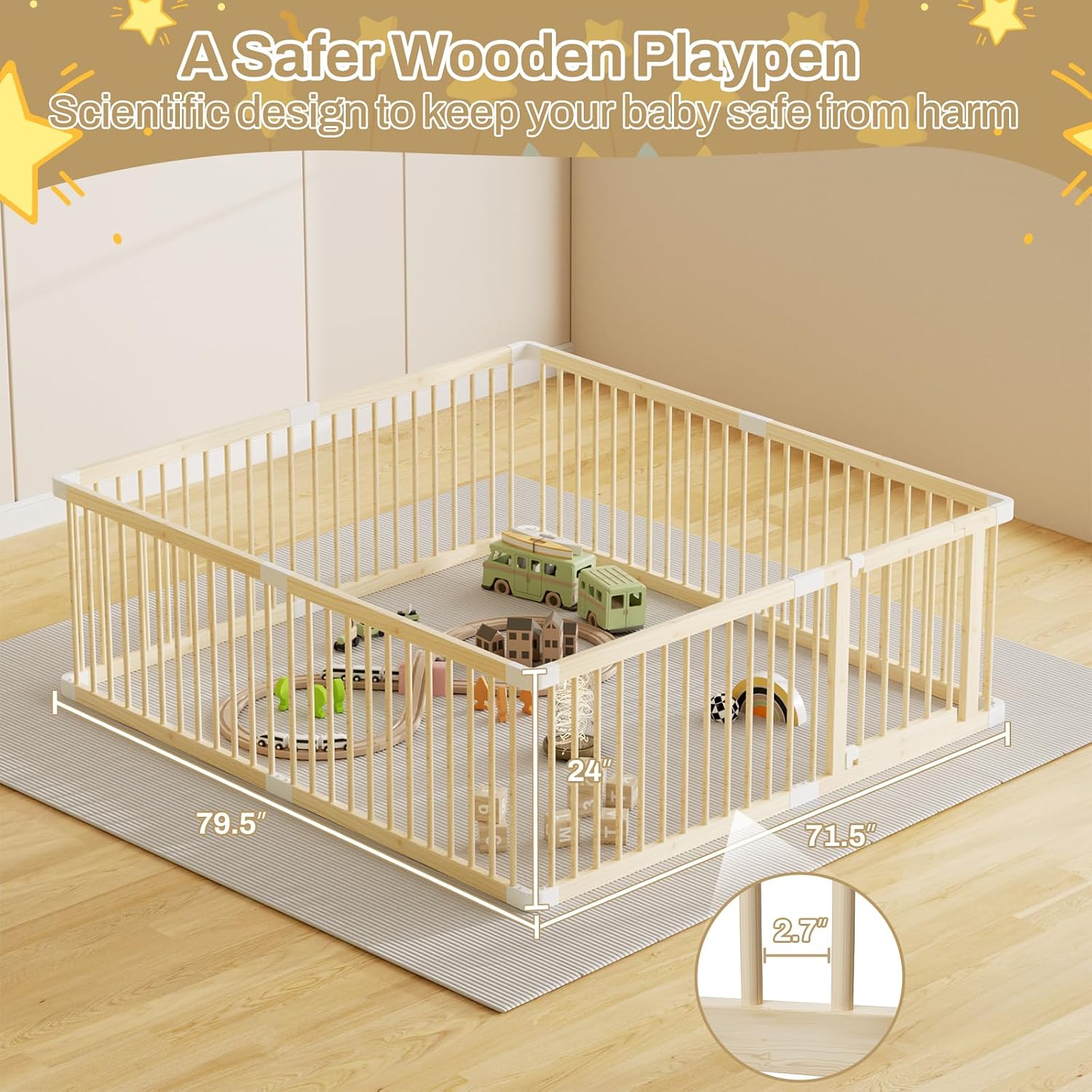 Large Wooden Baby Playpen, Adjustable Gate for Toddler and Babies