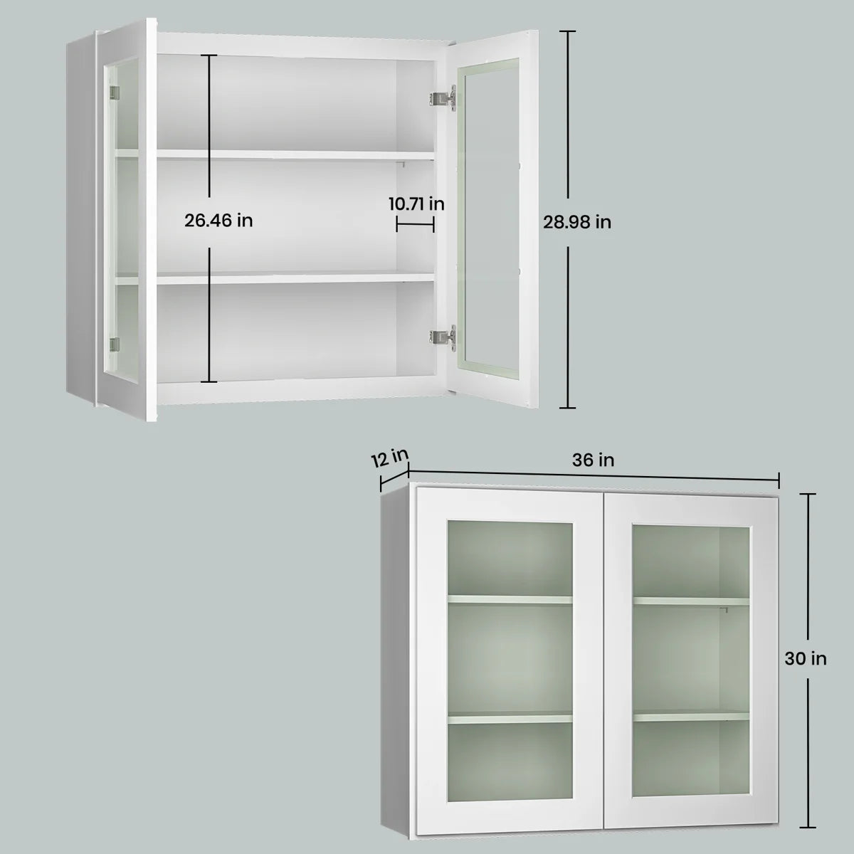 30"W * 36"H * 12"D Shaker White Glass Wall Kitchen Cabinet with Adjustable Shelves