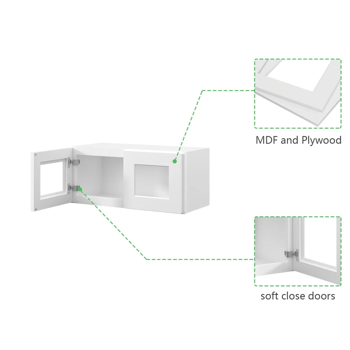 27"W * 12"H * 12"D Shaker White Glass Wall Kitchen Cabinet with Adjustable Shelves