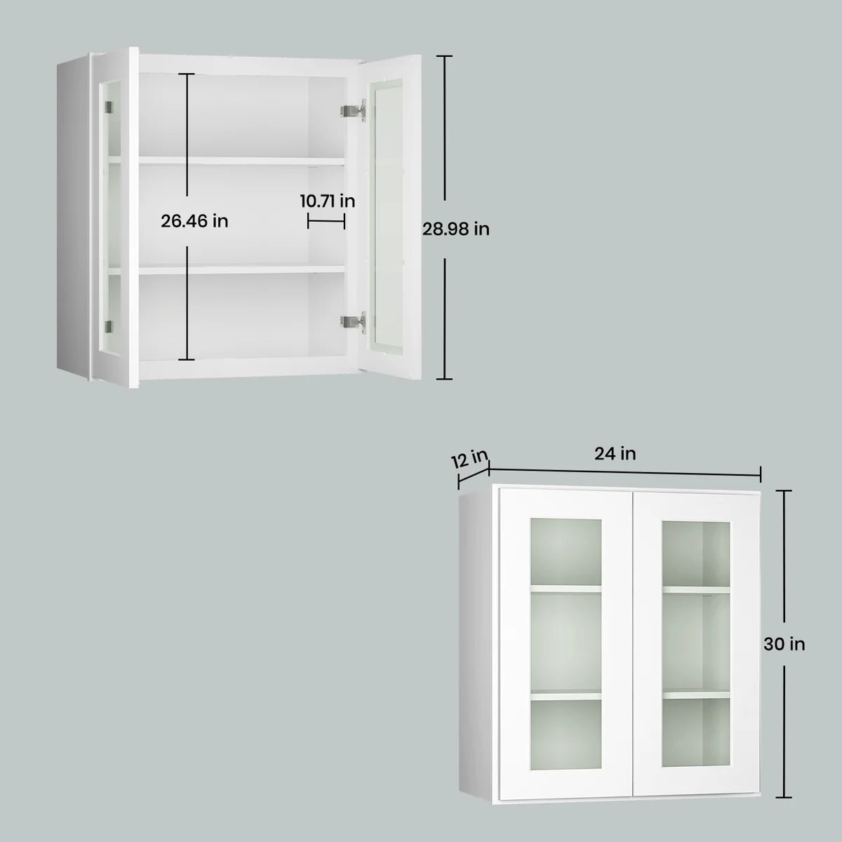 24"W * 30"H * 12"D Shaker White Glass Wall Kitchen Cabinet with Adjustable Shelves