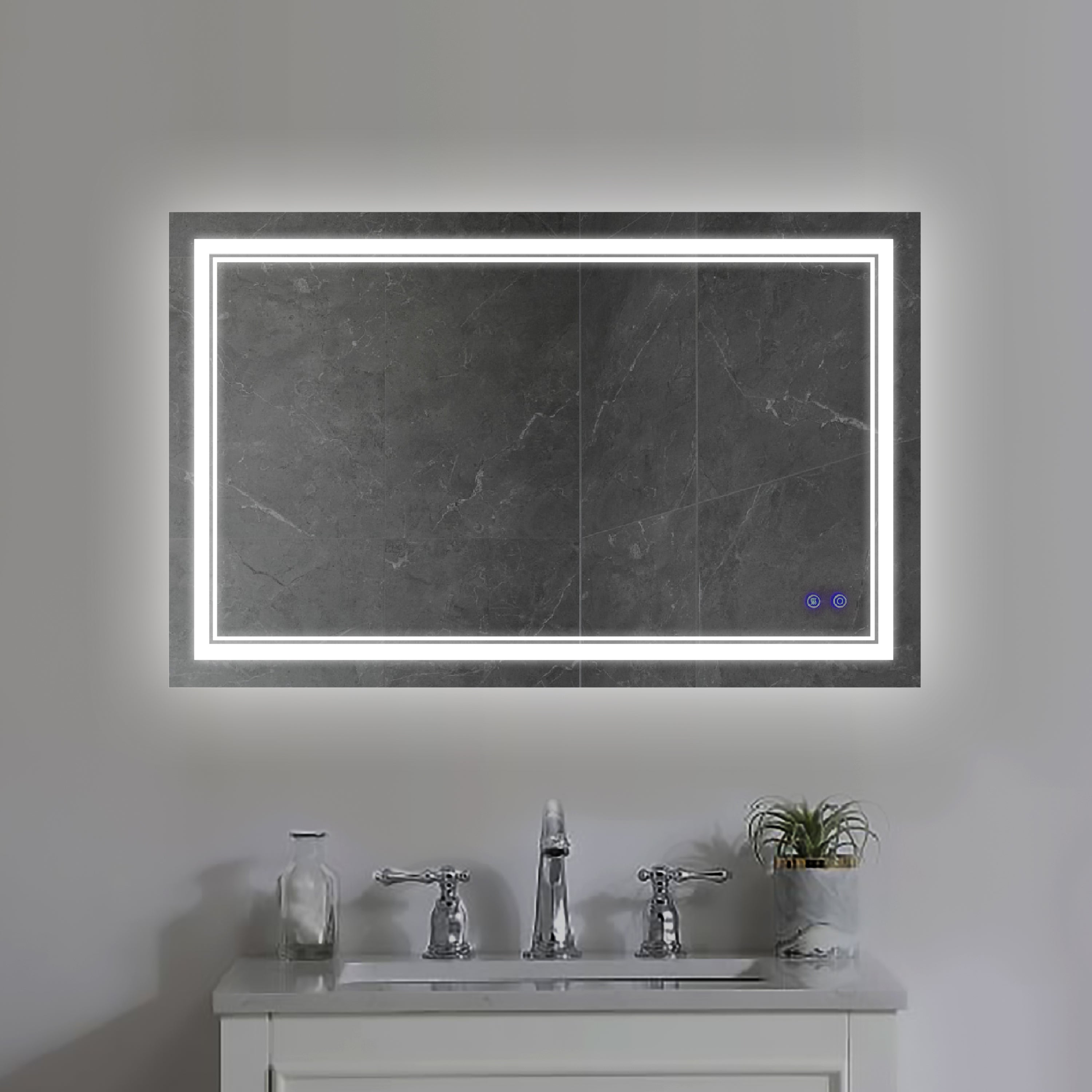 40 x 24 Inch Frameless LED Illuminated Bathroom Wall Mirror, Touch Button Defogger, Rectangular, Silver