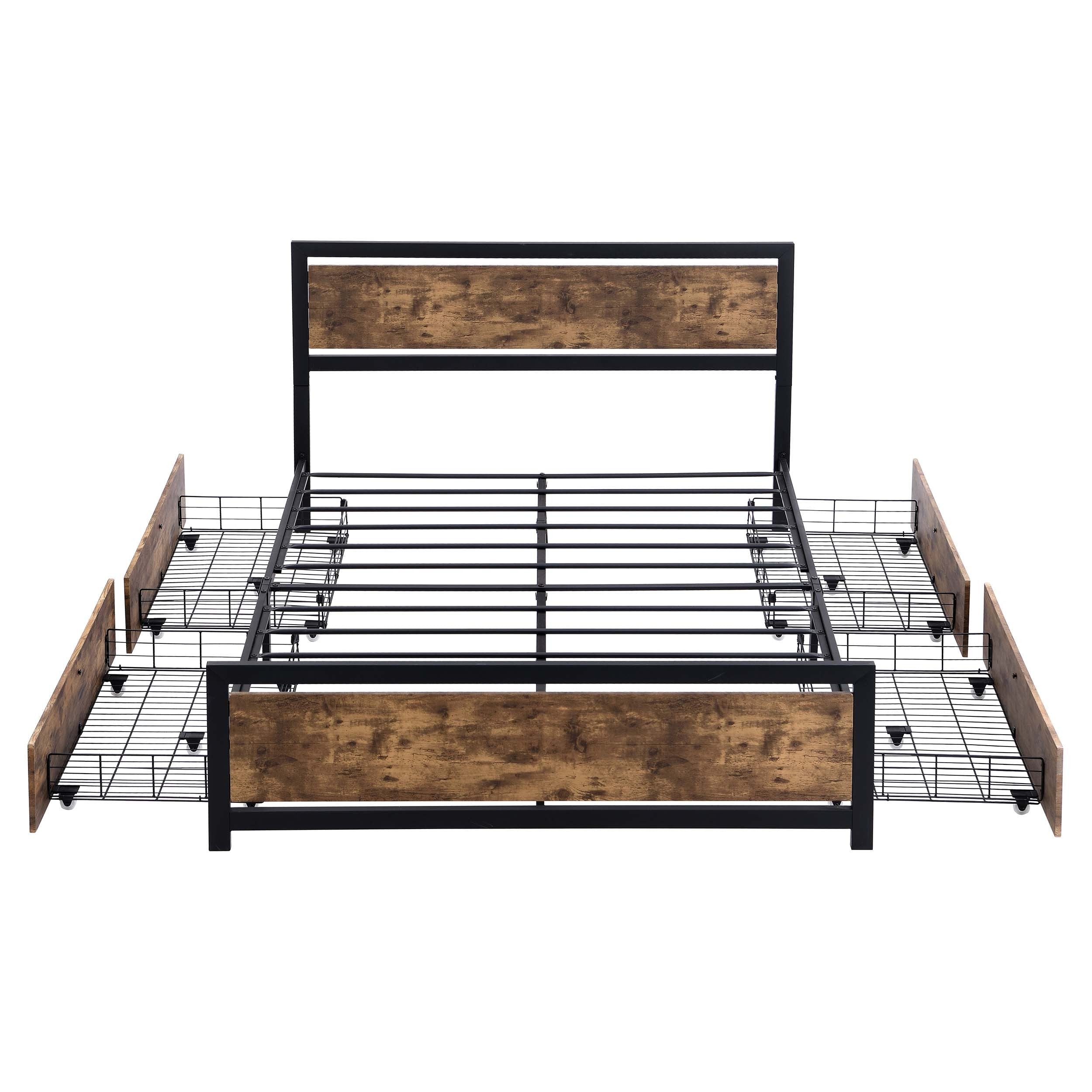 Industrial Wood and Metal Bed Platform with 4 Storage Drawers and Headboard, No Box Spring Needed, Queen Size, Brown