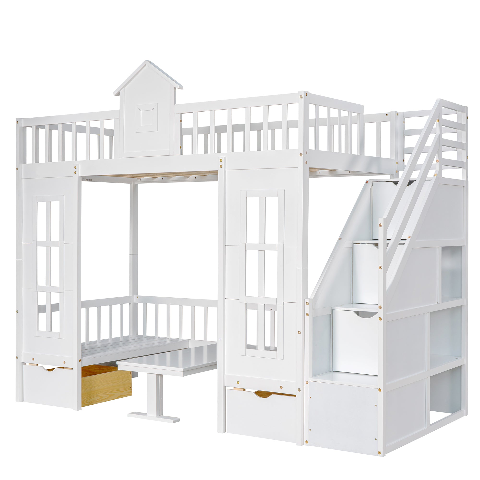 Twin-Over-Twin Bunk Bed with Changeable Table , Bunk Bed Turn into Upper Bed and Down Desk with 2 Drawers - White