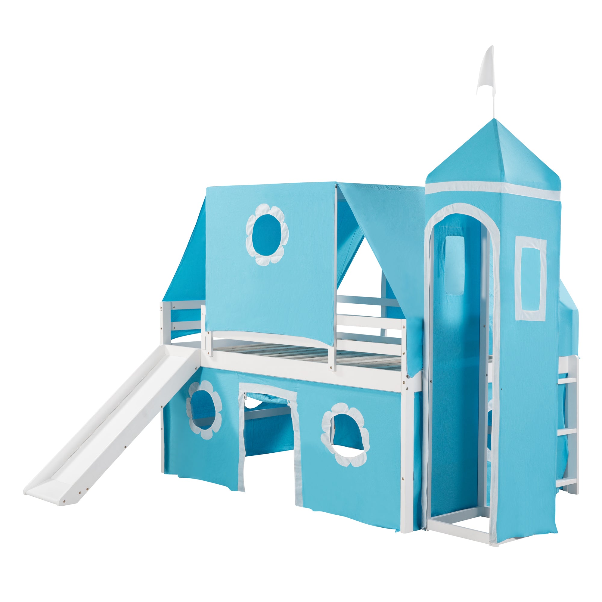 Full Size Bunk Bed with Slide Blue Tent and Tower - Blue