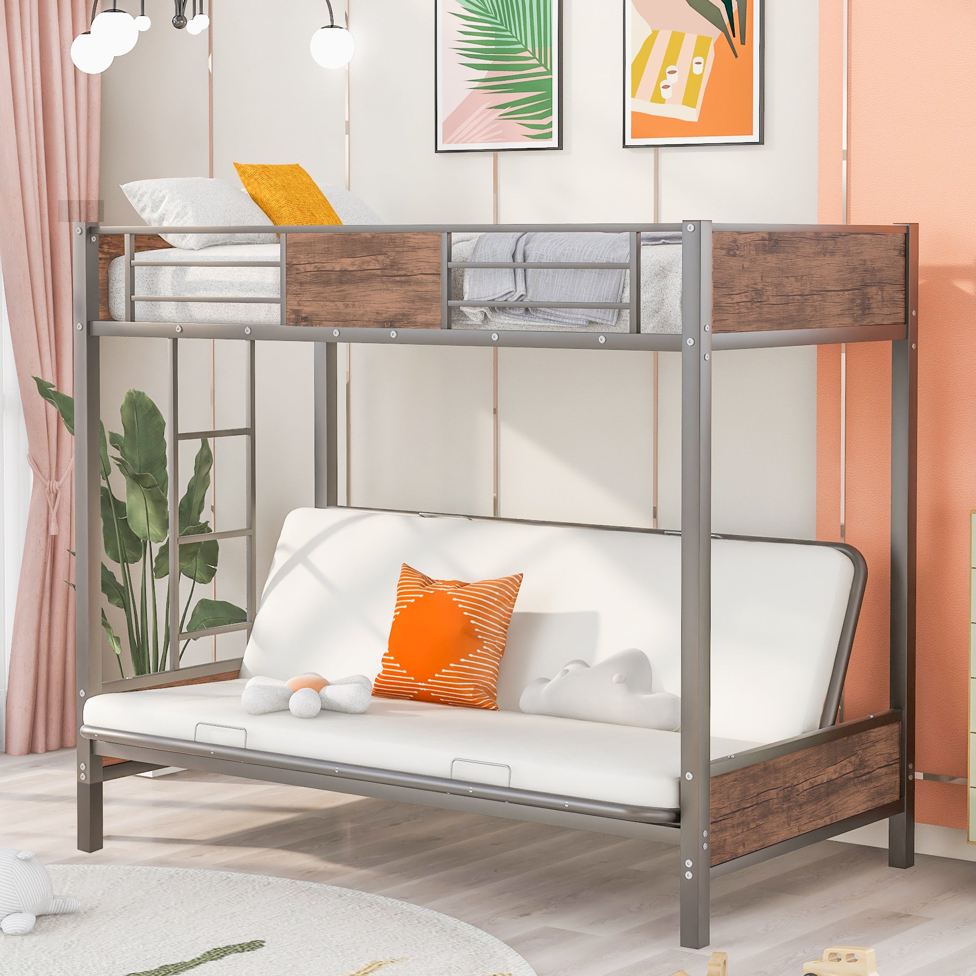 Twin-Over-Futon Bunk Bed, Metal Futon Bunk Bed Frame with Guardrails and Ladder(Gray)(OLD SKU:LP000096AAE)