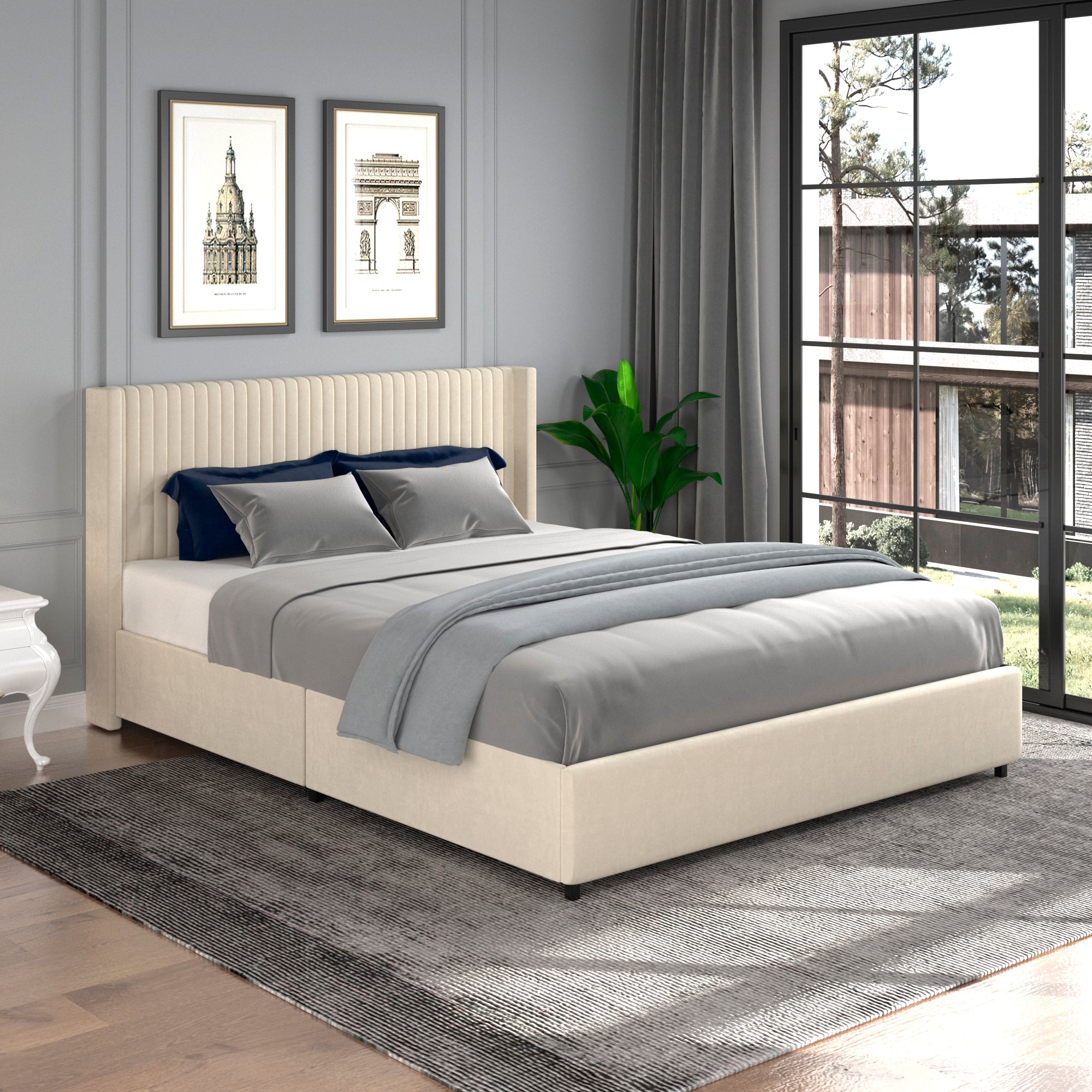 Anna Queen Size Ivory Velvet Upholstered Wingback Platform Bed with Patented 4 Drawers Storage, Modern Design Headboard with Tight Channel, Wooden Slat Mattress Support No Box Spring Needed