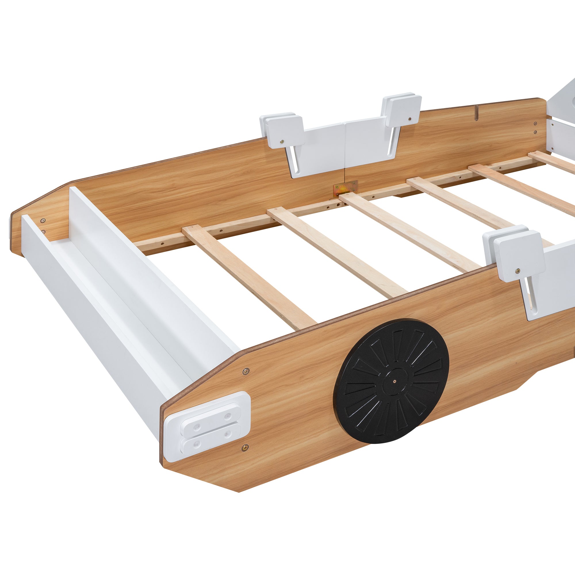 Wood Twin Size Racing Car Bed with Door Design and Storage, Natural+White+Black